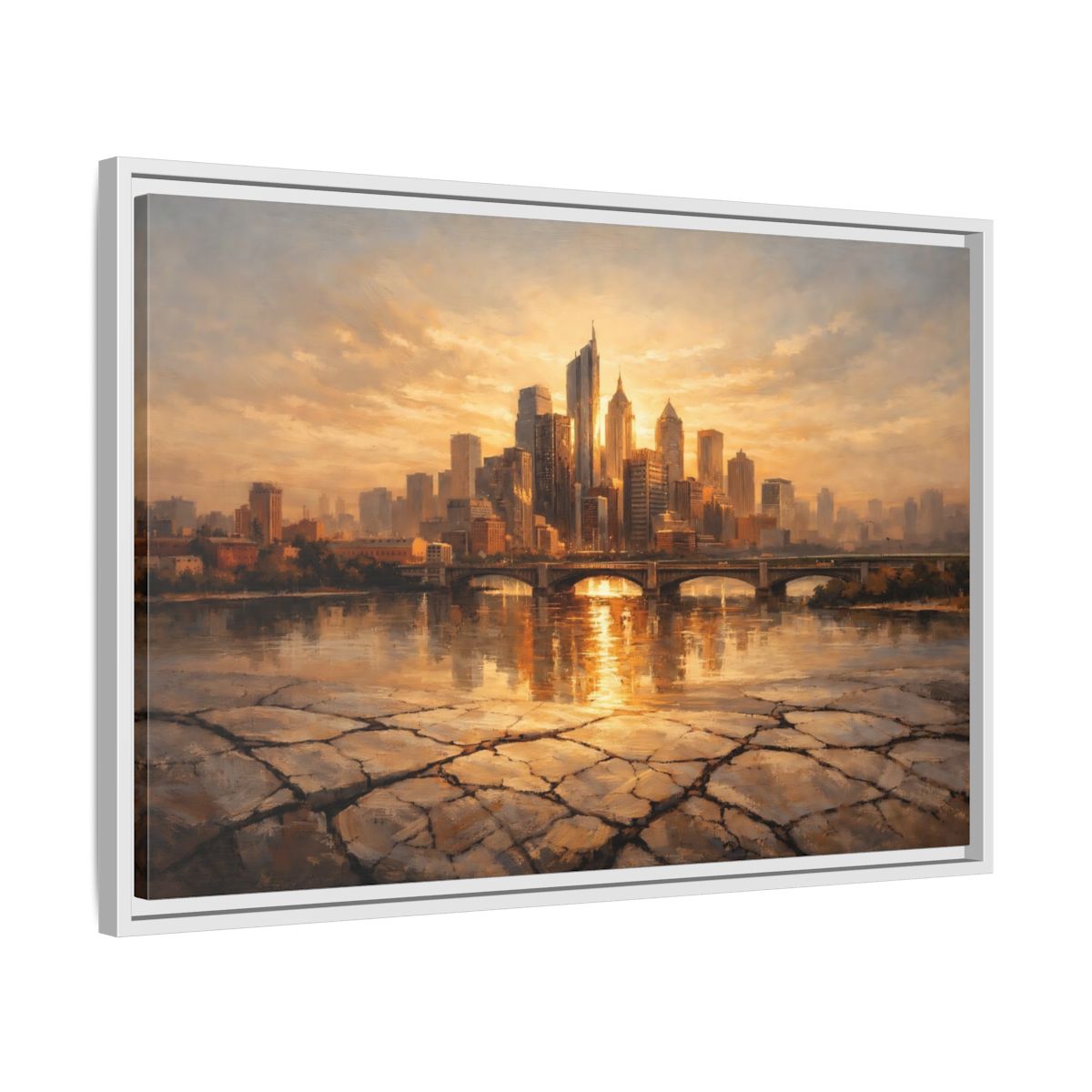 Side Mockup 10. Abstract City Skyline Golden Cityscape shown as stretched canvas wall art