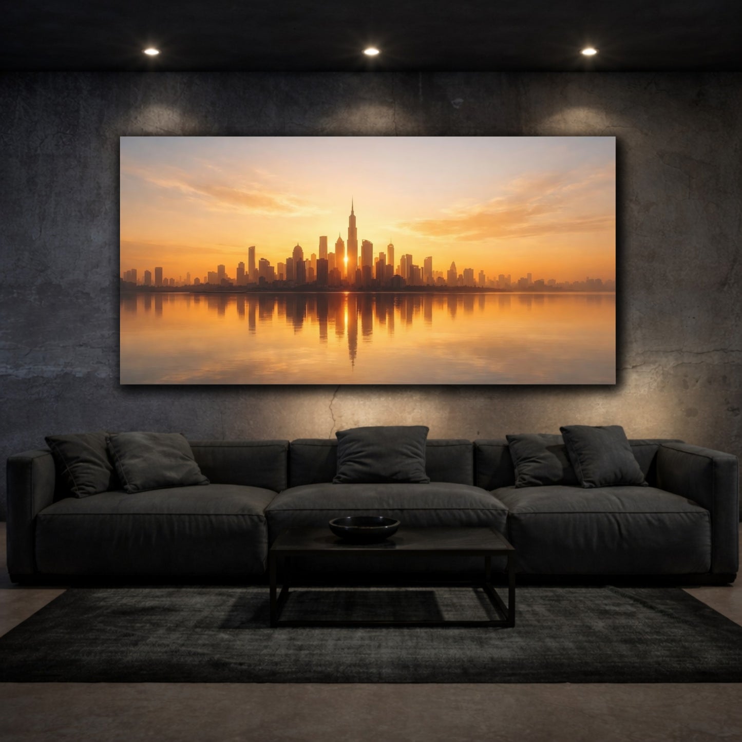 Mockup 2. Abstract City Skyline Golden Cityscape shown as stretched canvas wall art