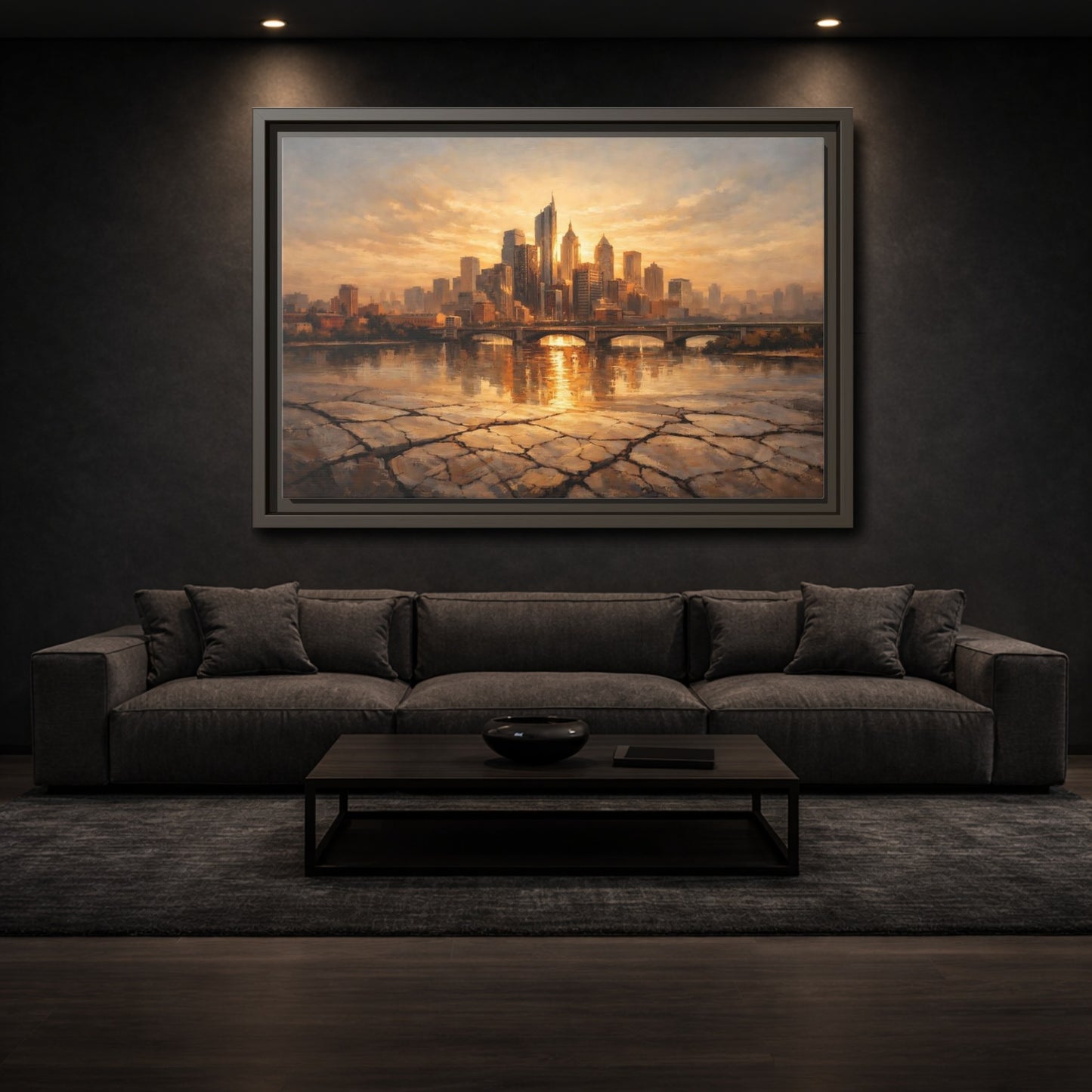 Mockup 2. Abstract City Skyline Golden Cityscape shown as stretched canvas wall art