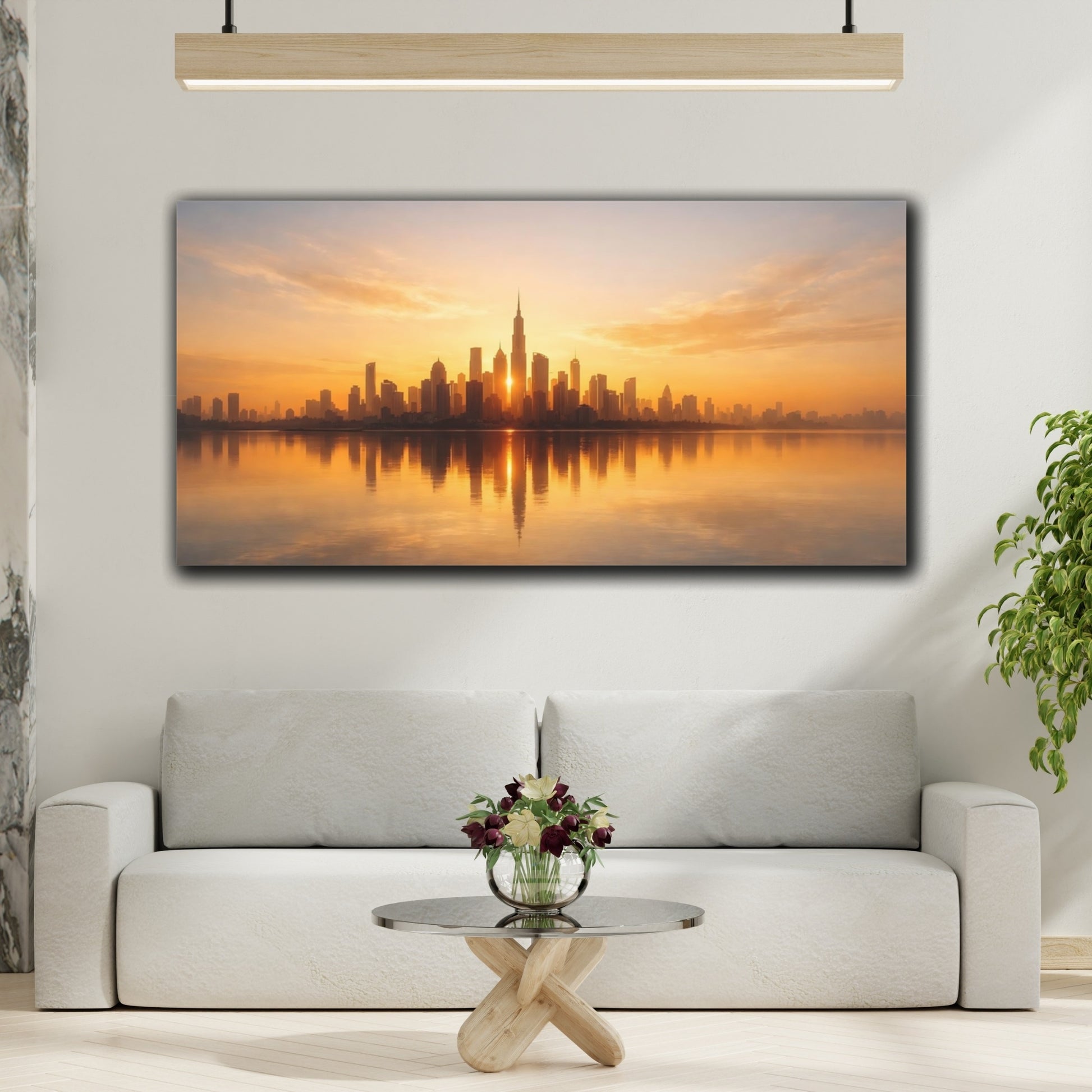 Mockup 3. Abstract City Skyline Golden Cityscape shown as stretched canvas wall art