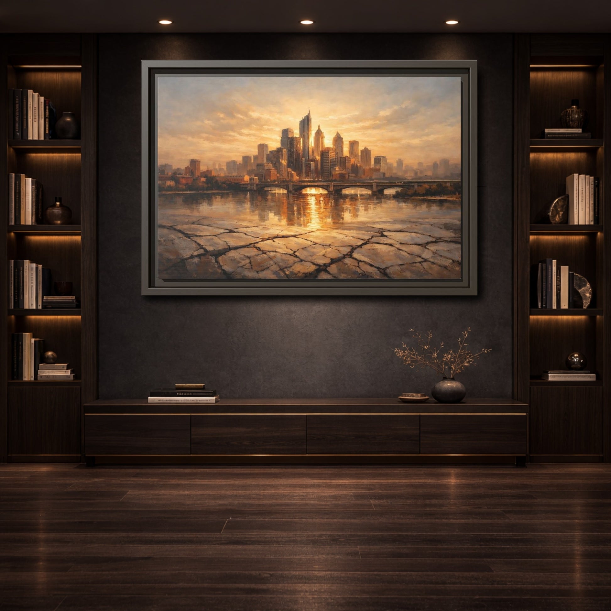 Mockup 3. Abstract City Skyline Golden Cityscape shown as stretched canvas wall art