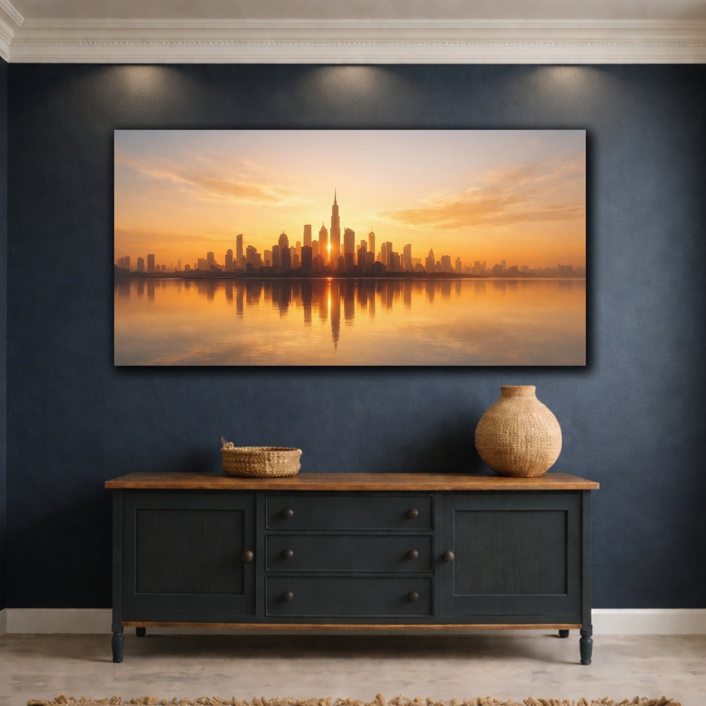 Mockup 4. Abstract City Skyline Golden Cityscape shown as stretched canvas wall art