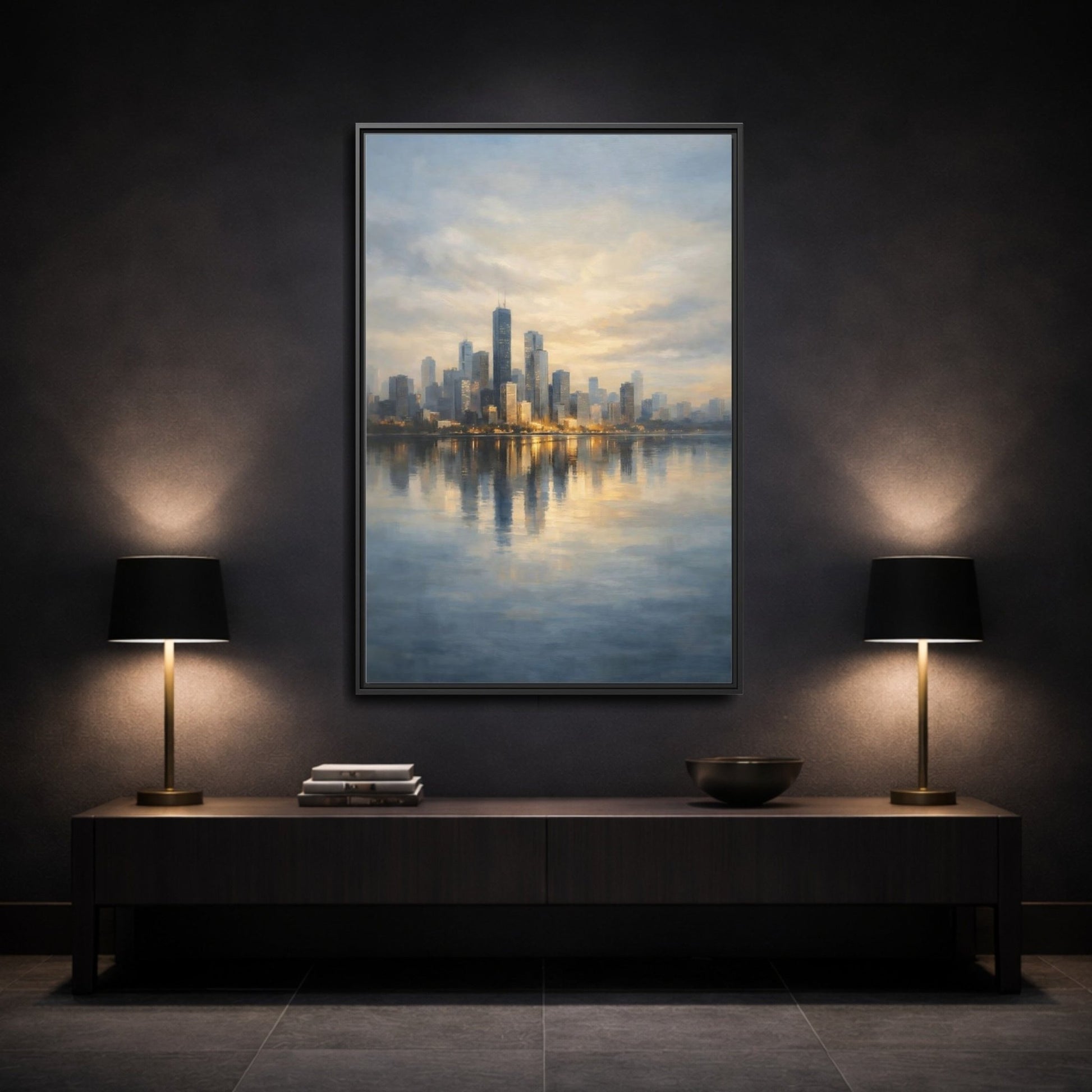 Abstract City Skyline Golden - Framed Canvas Wall Art Print - YesArtYes
