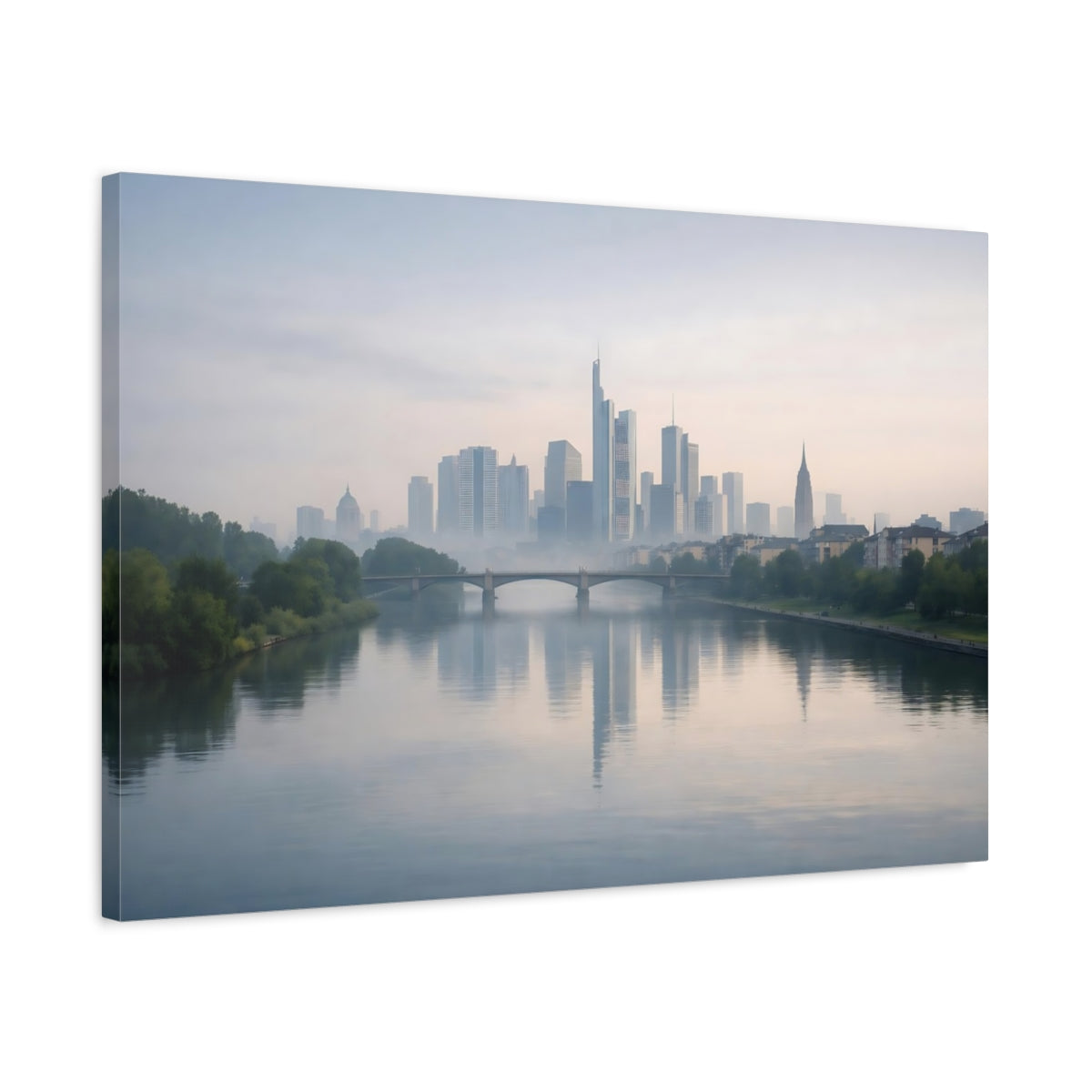 Side Mockup 2. Abstract City Skyline Misty Blue City shown as stretched canvas wall art