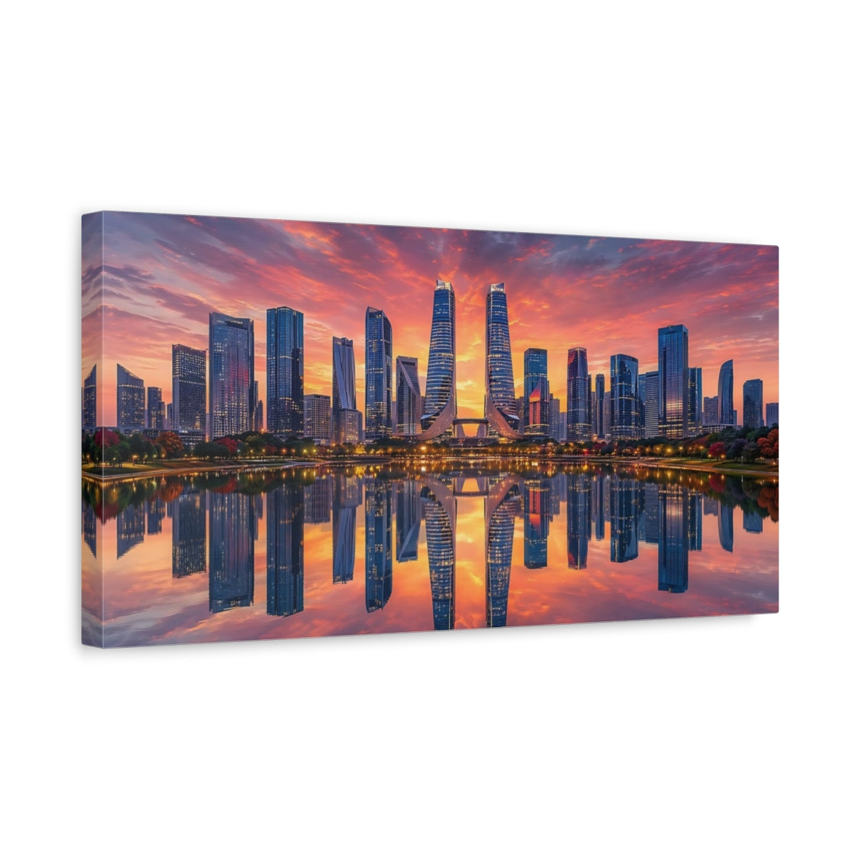 Side Mockup 3. Abstract City Skyline Orange And Blue City shown as stretched canvas wall art