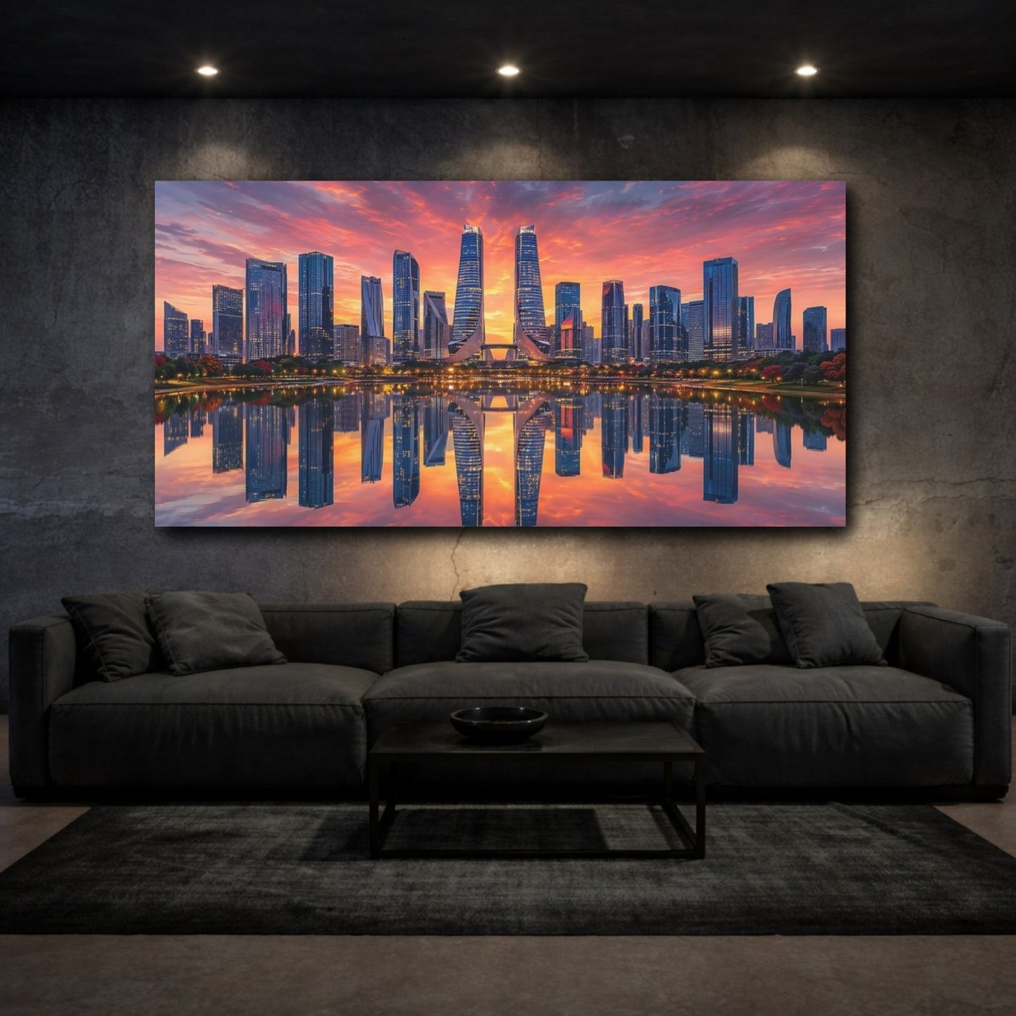 Mockup 2. Abstract City Skyline Orange And Blue City shown as stretched canvas wall art