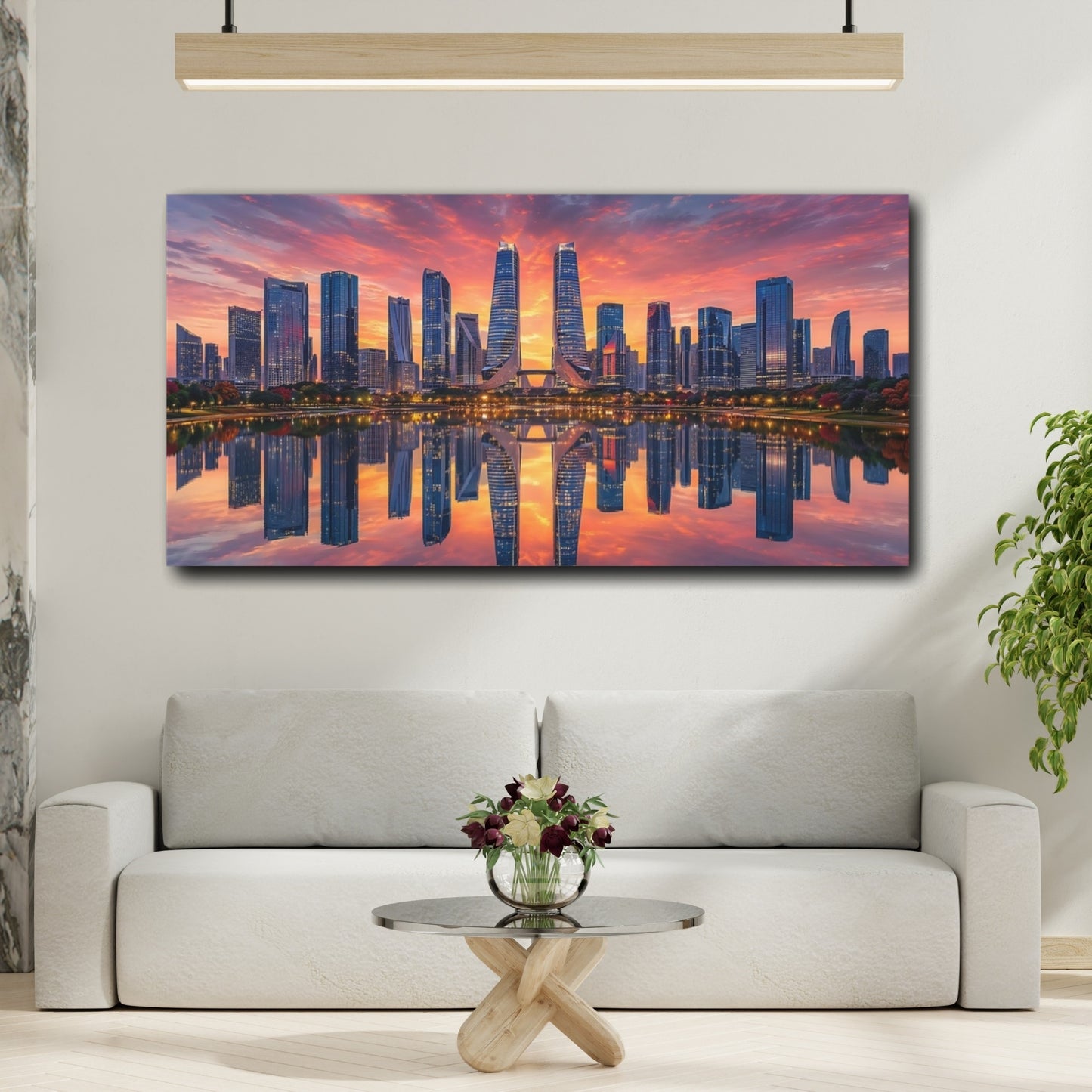 Mockup 3. Abstract City Skyline Orange And Blue City shown as stretched canvas wall art