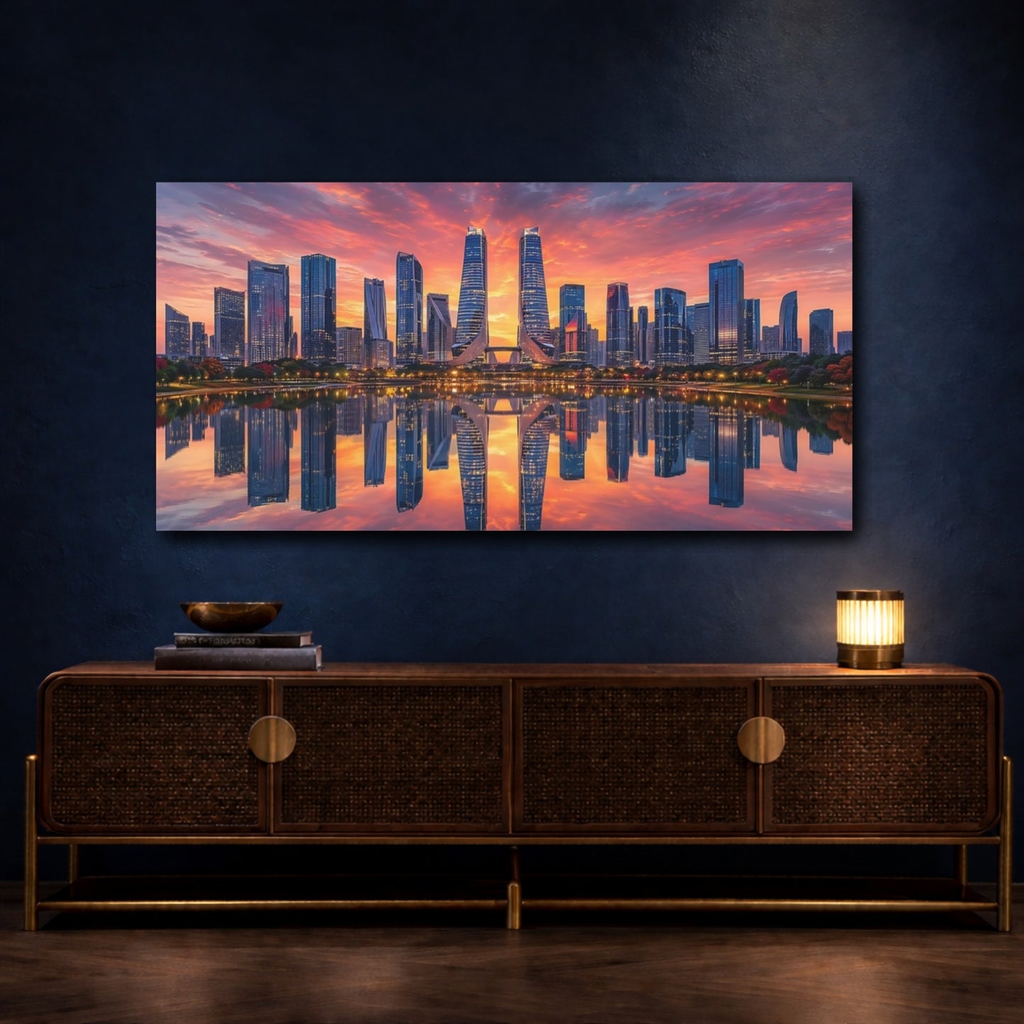 Mockup 4. Abstract City Skyline Orange And Blue City shown as stretched canvas wall art