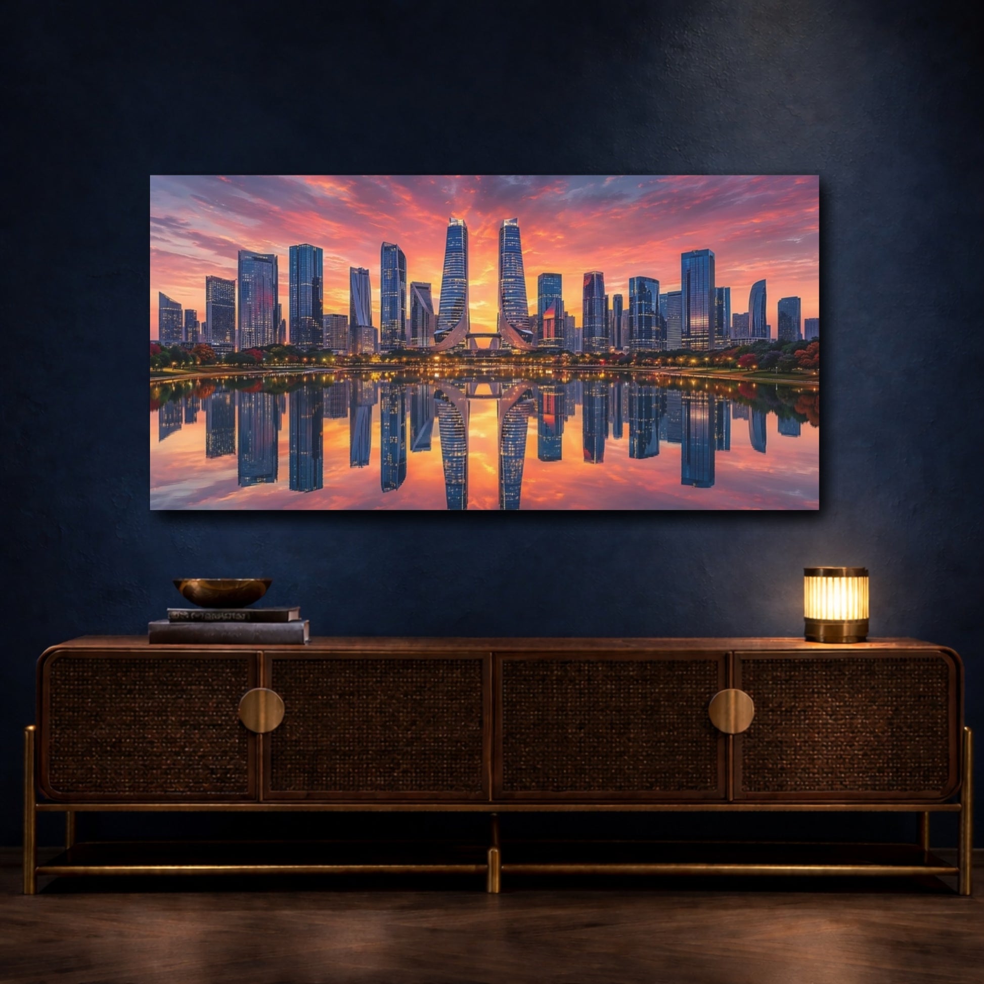 Mockup 4. Abstract City Skyline Orange And Blue City shown as stretched canvas wall art