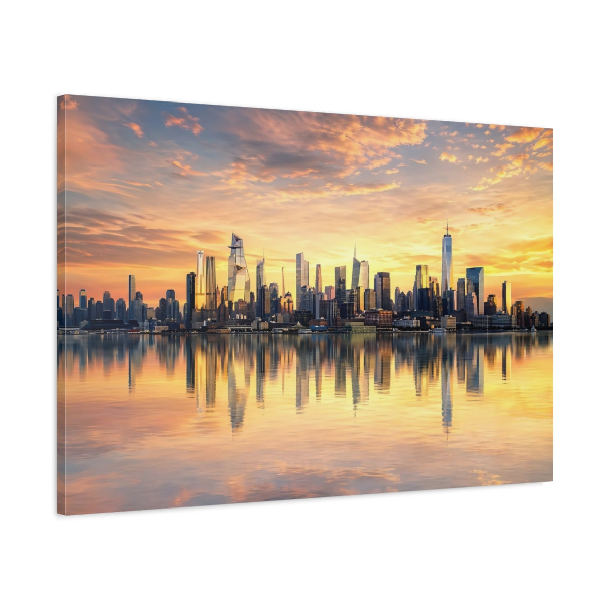 Main Mockup. Abstract City Skyline Orange And Gold shown as stretched canvas wall art