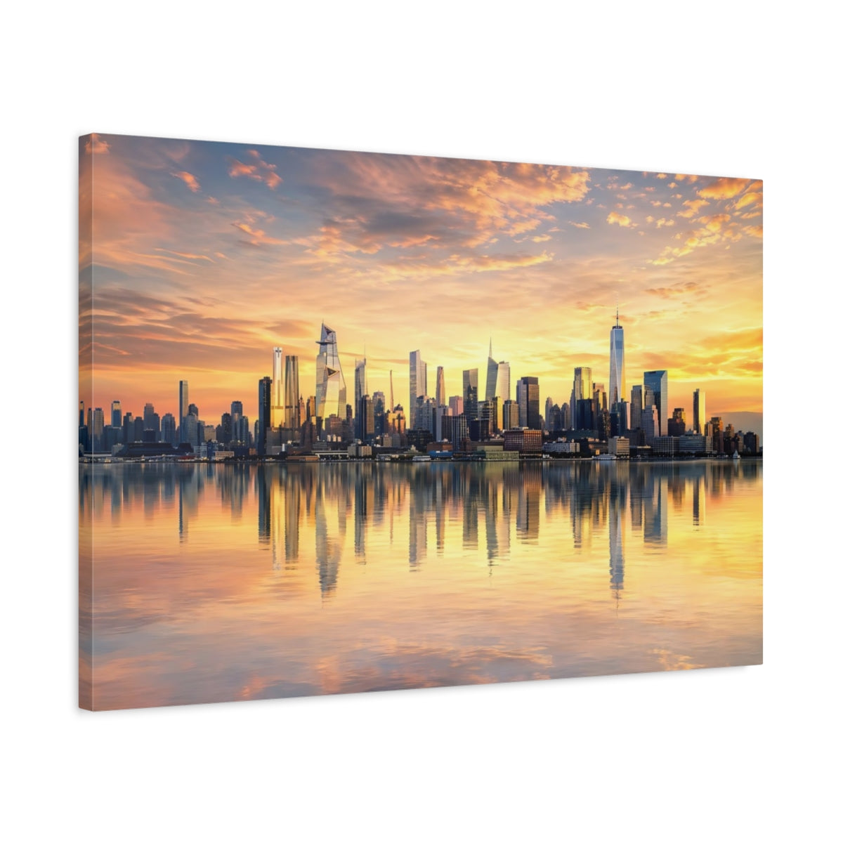 Side Mockup 2. Abstract City Skyline Orange And Gold shown as stretched canvas wall art