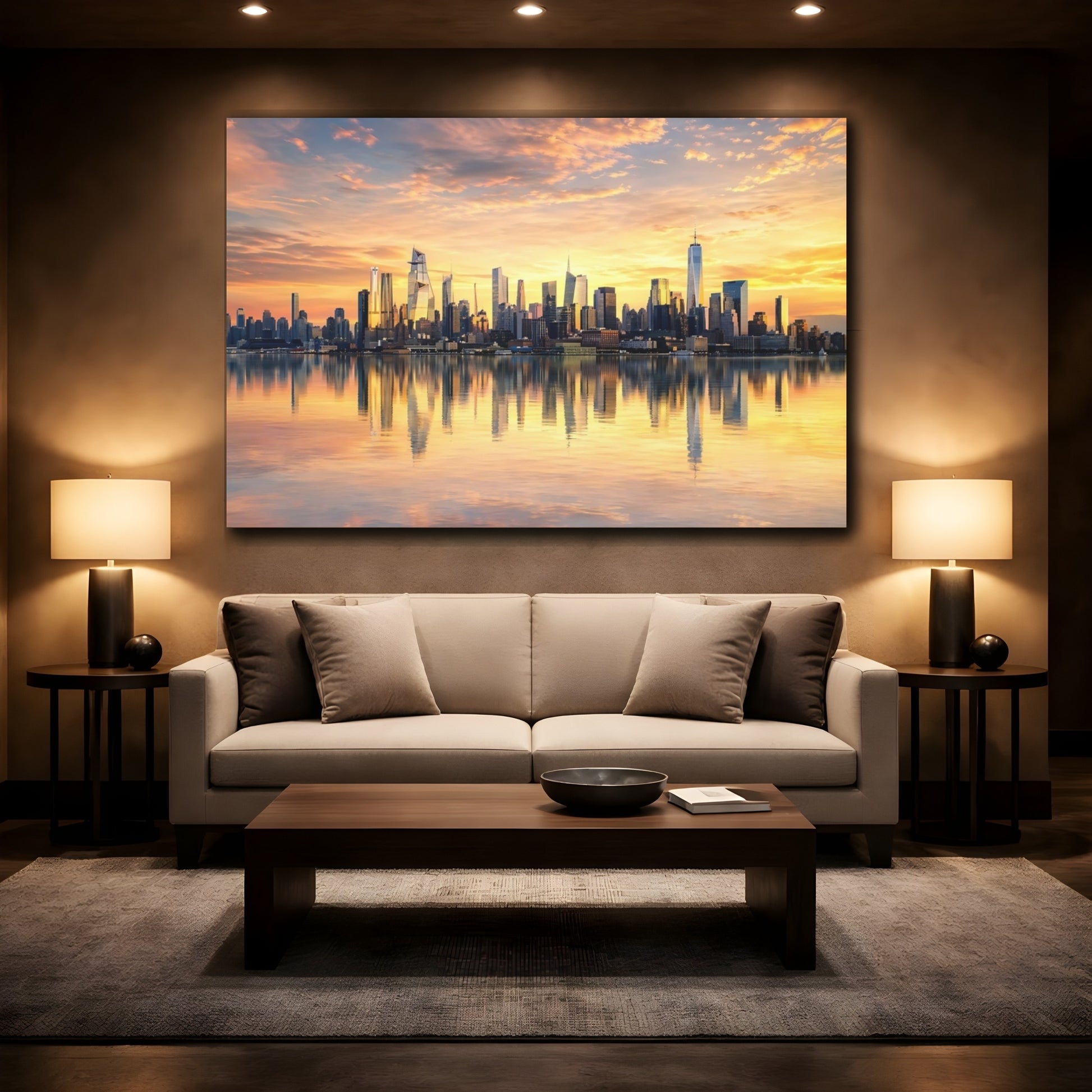 Mockup 2. Abstract City Skyline Orange And Gold shown as stretched canvas wall art