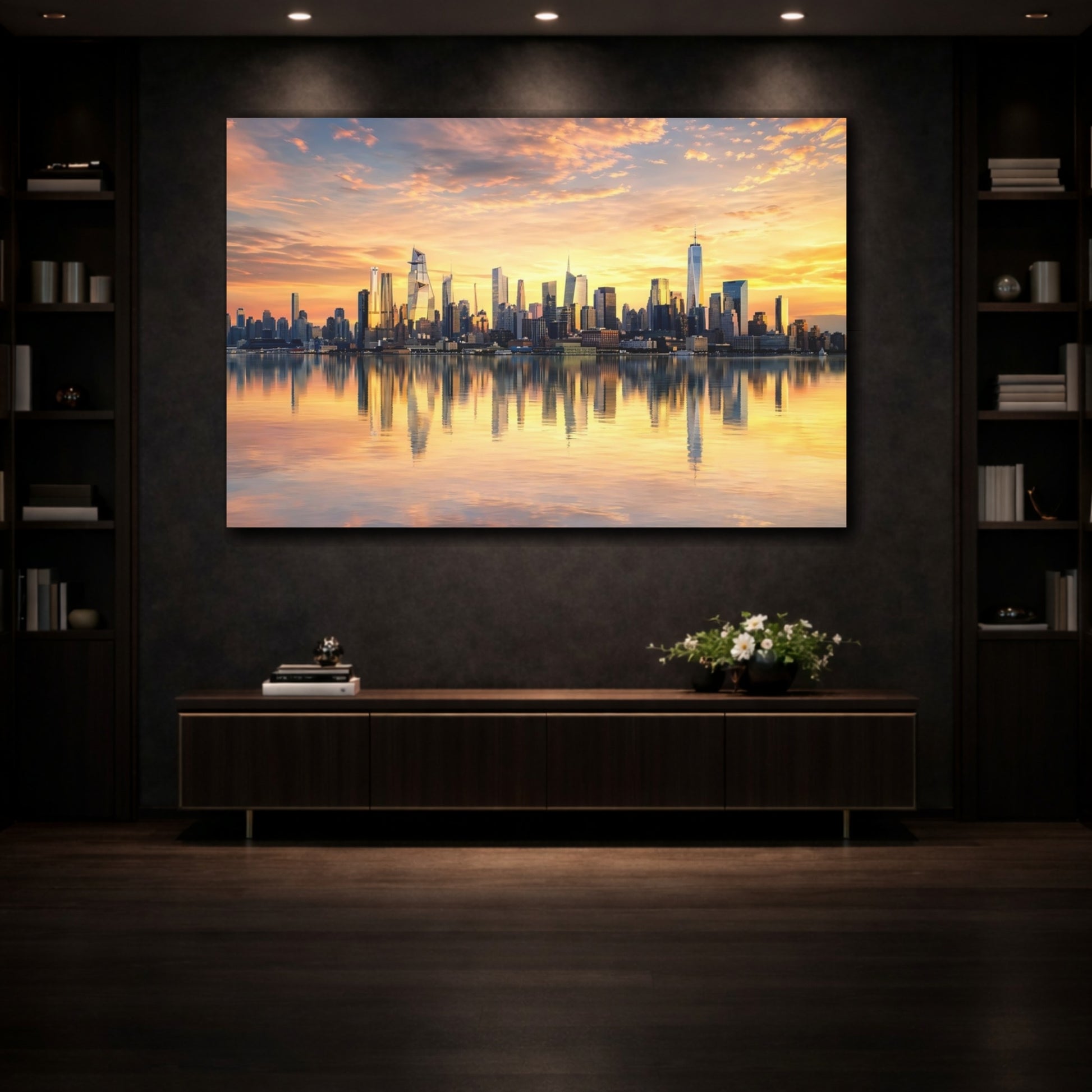 Mockup 3. Abstract City Skyline Orange And Gold shown as stretched canvas wall art