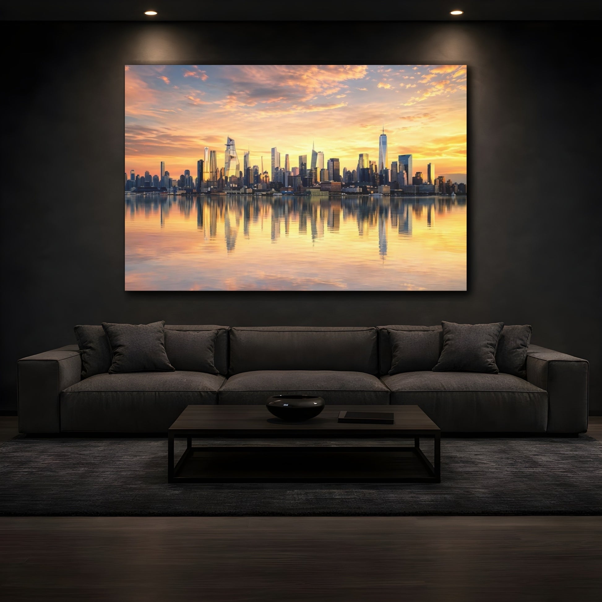 Mockup 4. Abstract City Skyline Orange And Gold shown as stretched canvas wall art