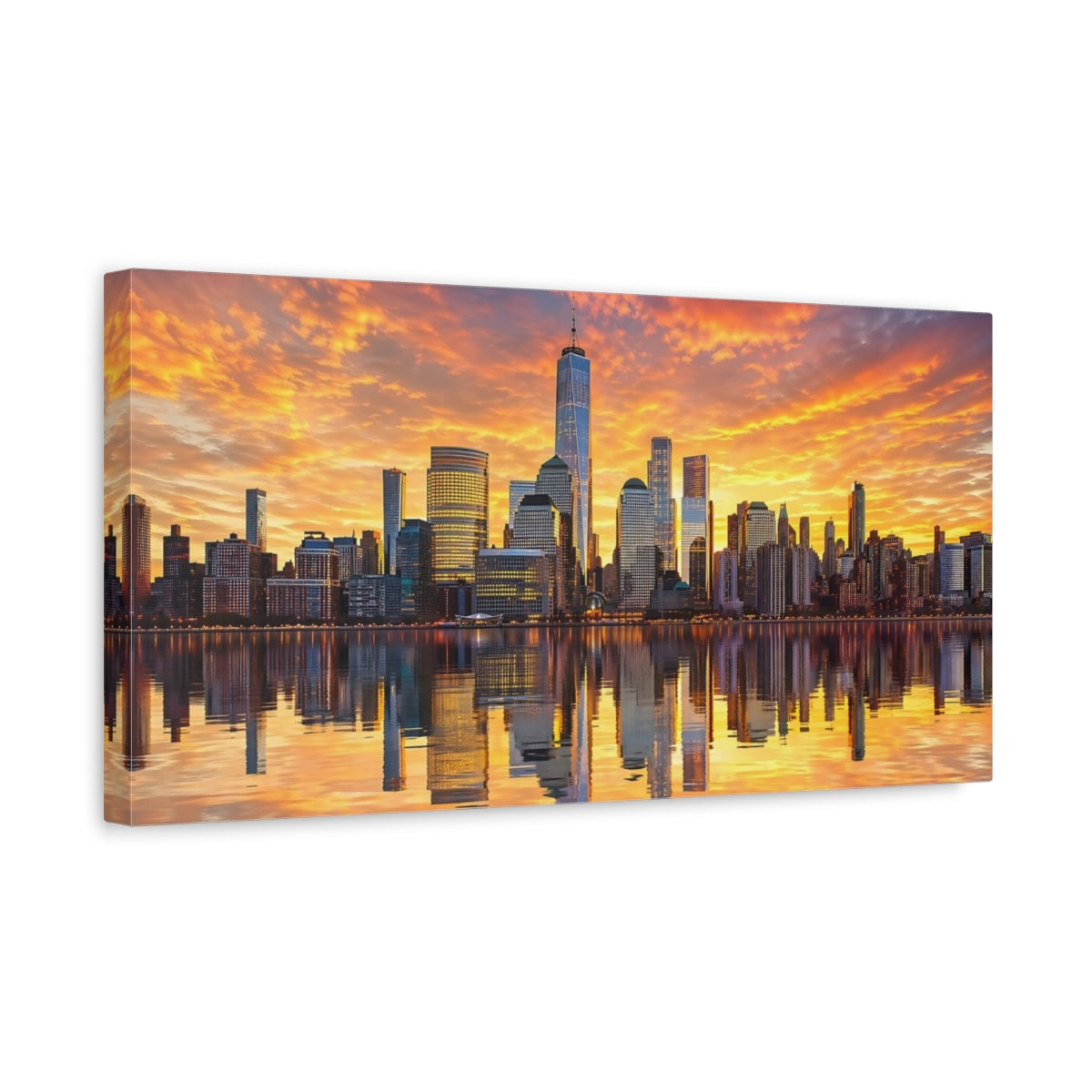 Side Mockup 3. Abstract City Skyline Orange Sunset Skyline shown as stretched canvas wall art