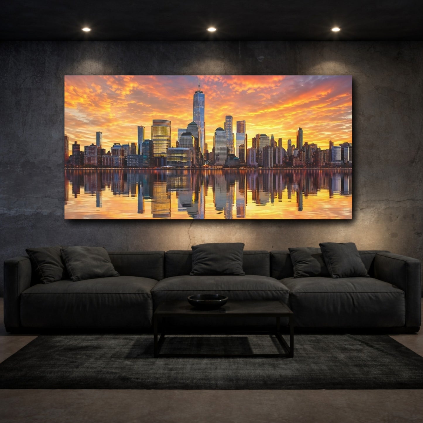 Mockup 2. Abstract City Skyline Orange Sunset Skyline shown as stretched canvas wall art