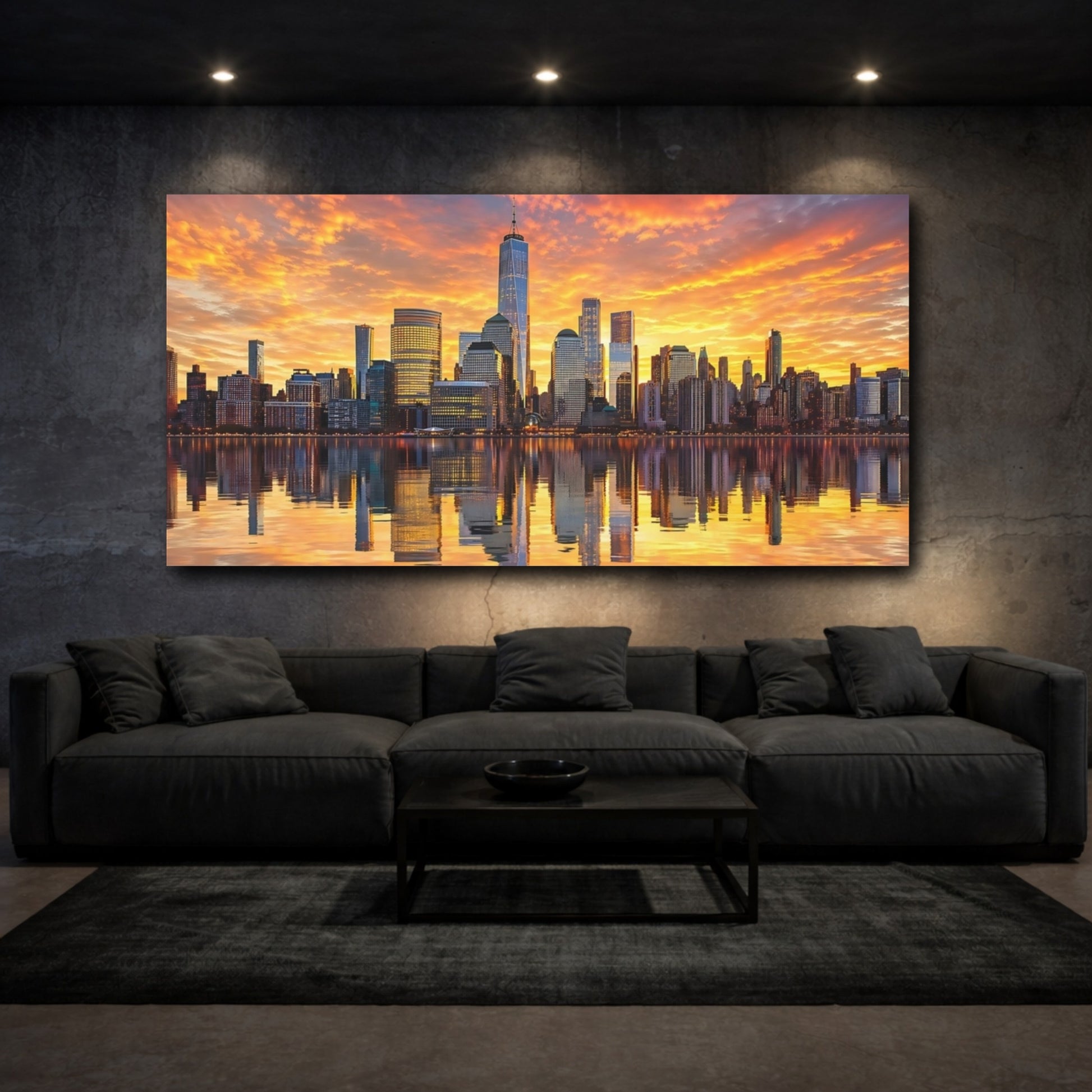 Mockup 2. Abstract City Skyline Orange Sunset Skyline shown as stretched canvas wall art
