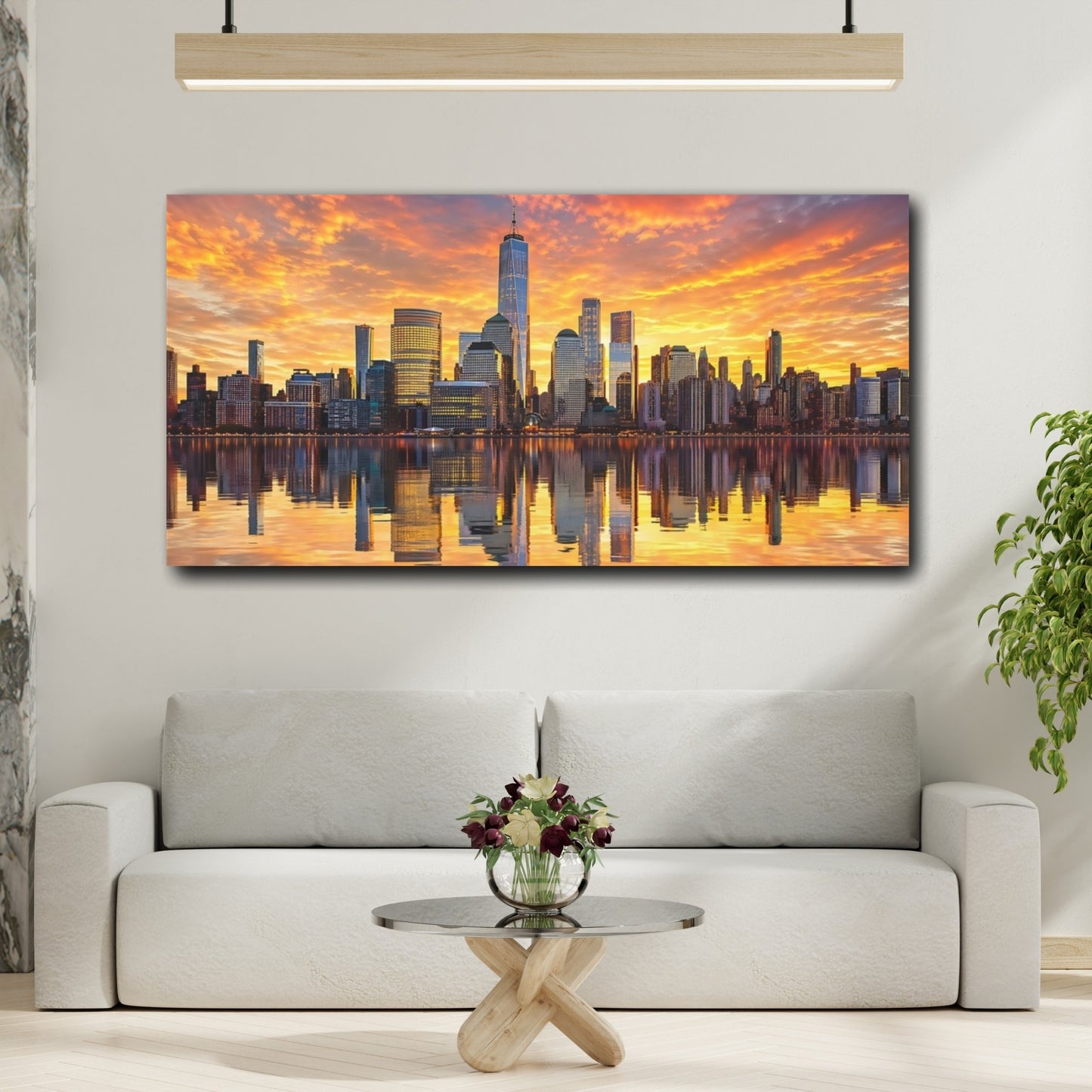 Mockup 3. Abstract City Skyline Orange Sunset Skyline shown as stretched canvas wall art