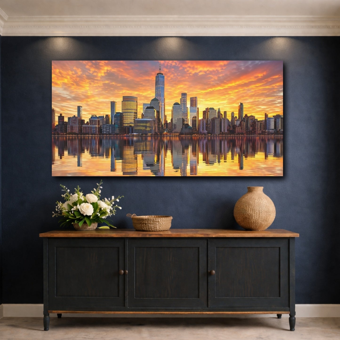 Mockup 4. Abstract City Skyline Orange Sunset Skyline shown as stretched canvas wall art