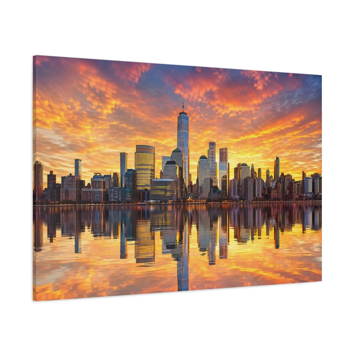 Side Mockup 1. Abstract City Skyline Sunset Cityscape shown as stretched canvas wall art