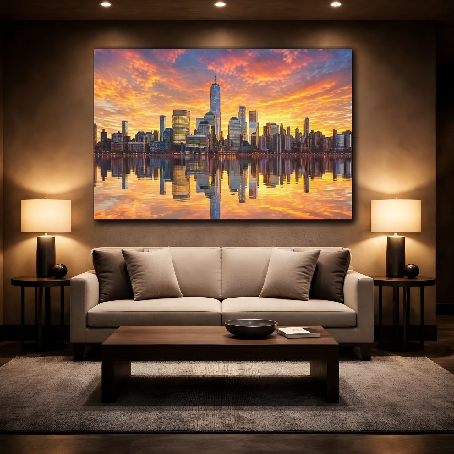 Mockup 2. Abstract City Skyline Sunset Cityscape shown as stretched canvas wall art