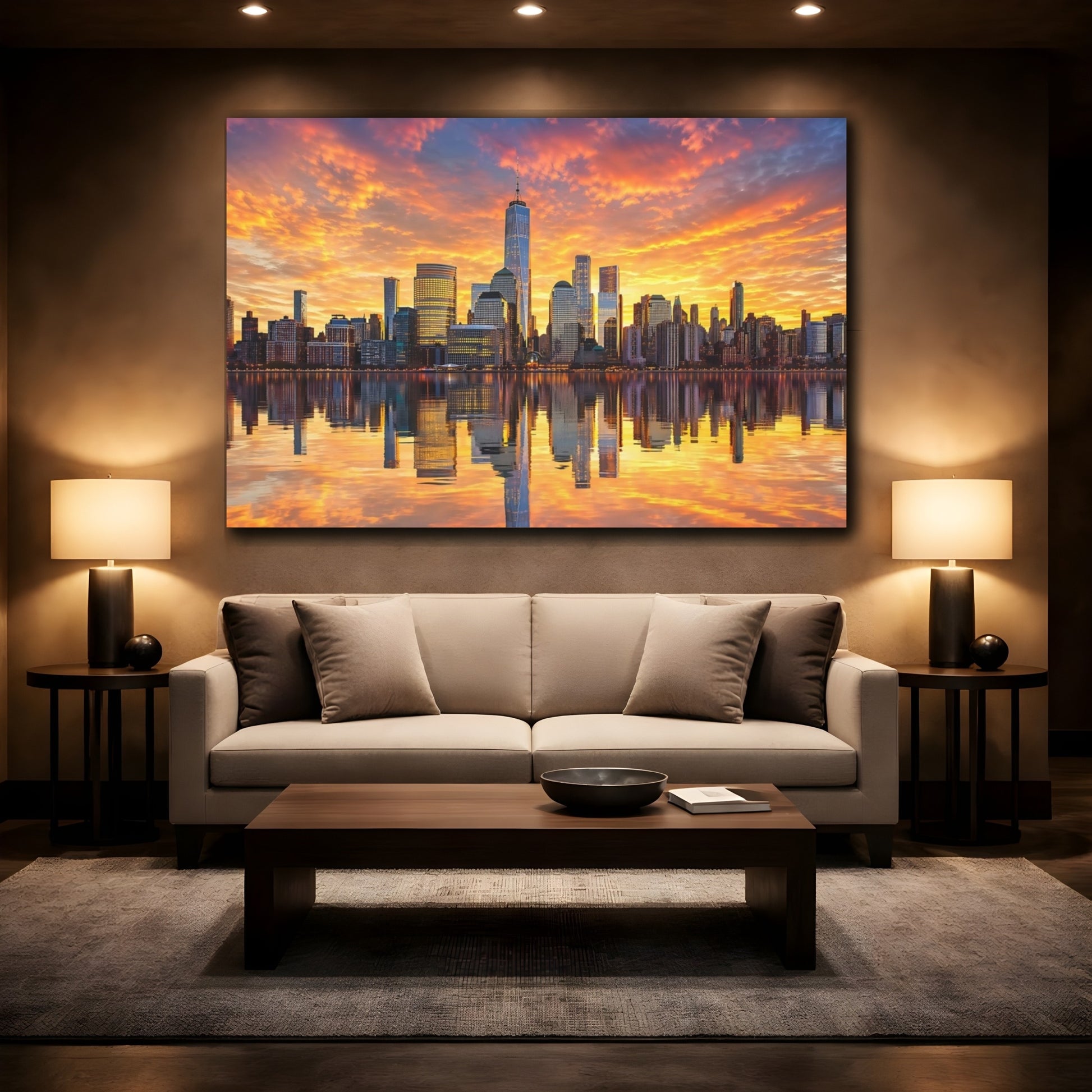 Mockup 2. Abstract City Skyline Sunset Cityscape shown as stretched canvas wall art