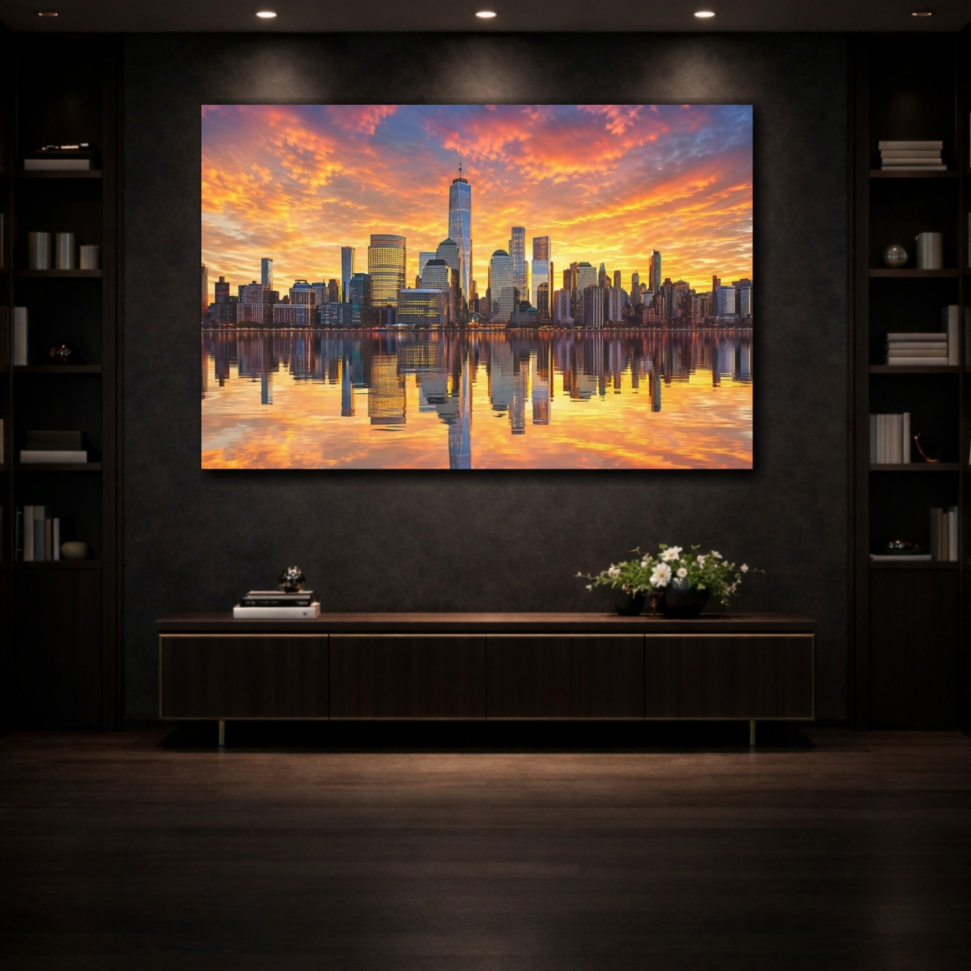 Mockup 3. Abstract City Skyline Sunset Cityscape shown as stretched canvas wall art