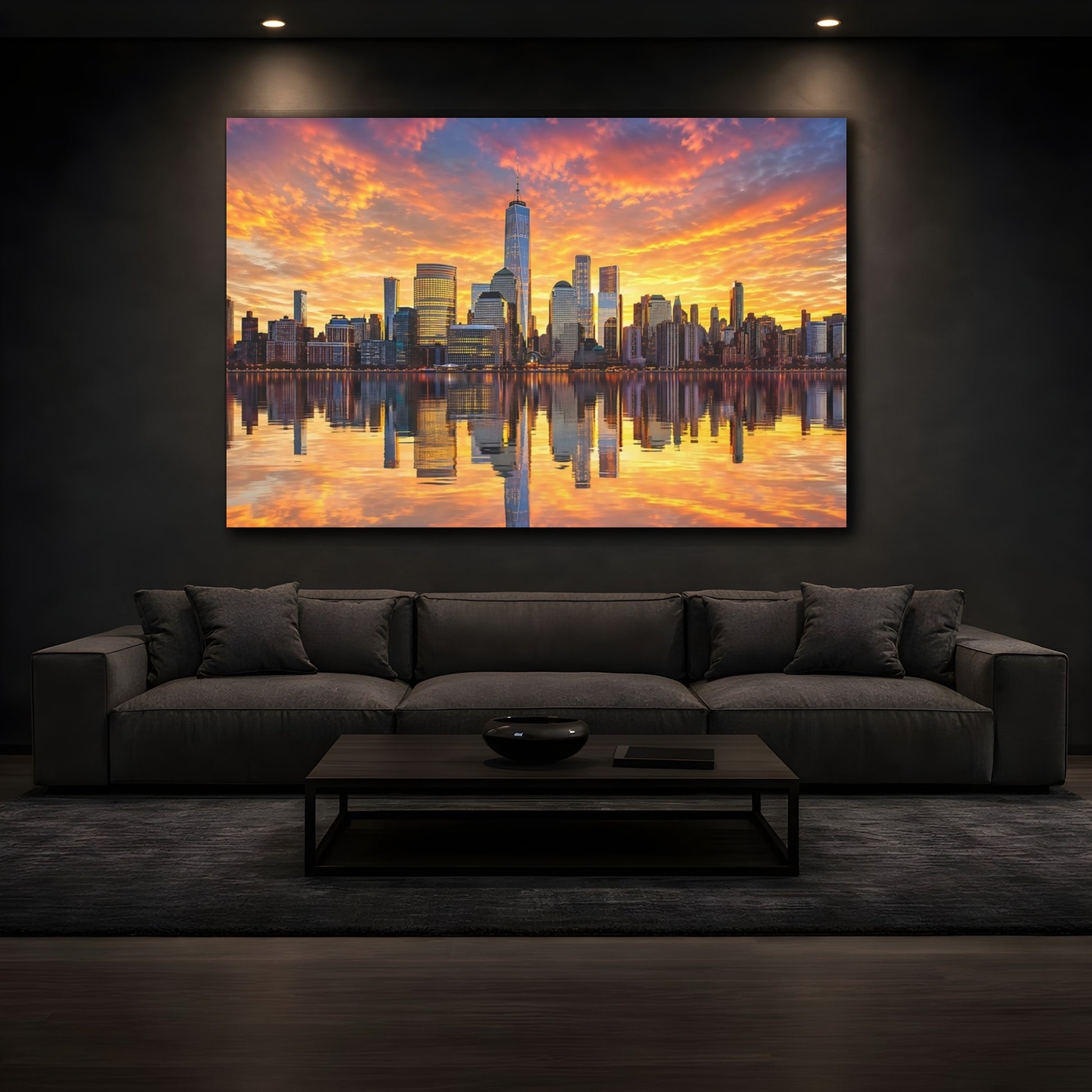 Mockup 4. Abstract City Skyline Sunset Cityscape shown as stretched canvas wall art