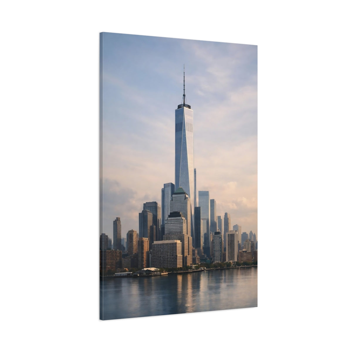 Main Mockup. Abstract City Skyline Urban Grey Blue shown as stretched canvas wall art
