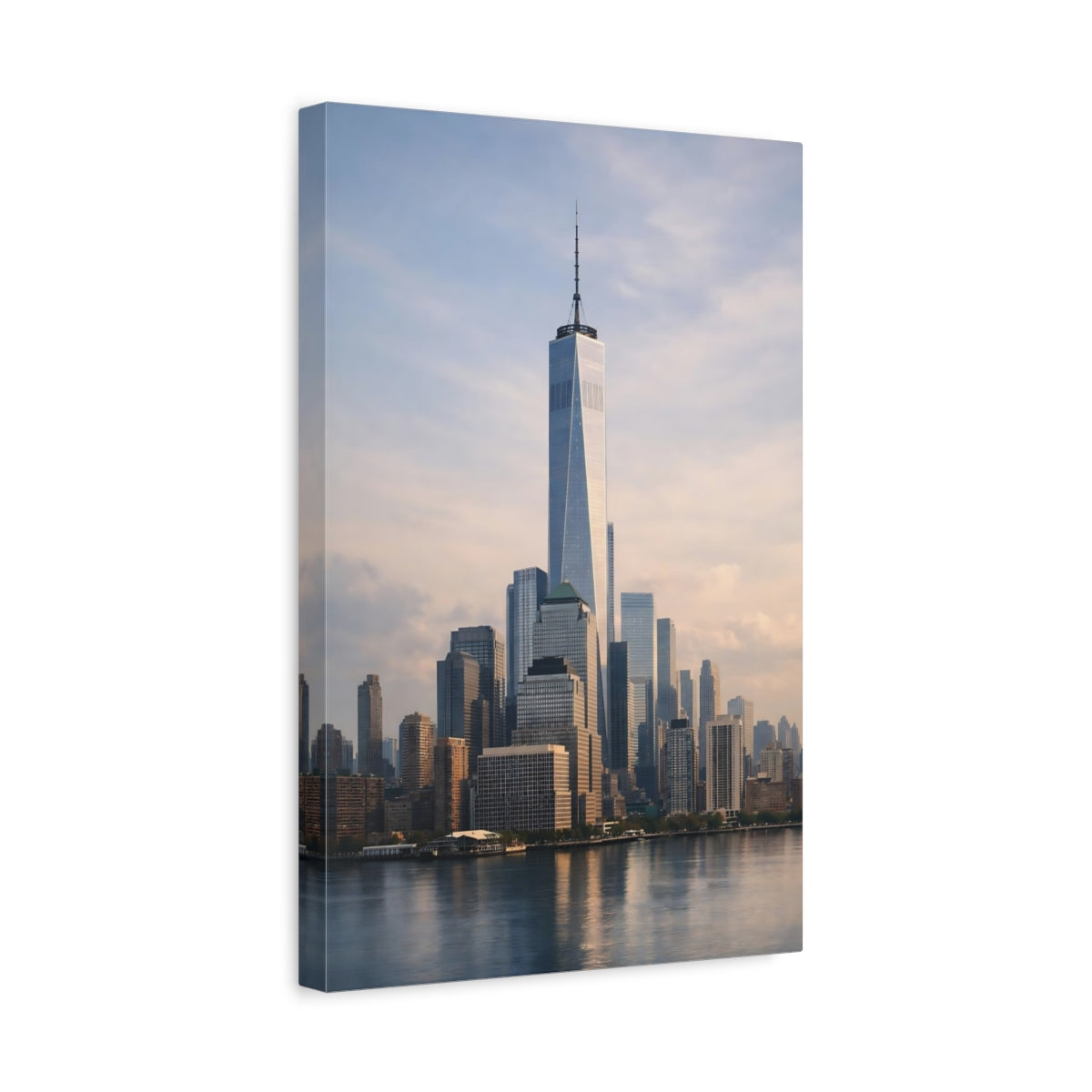 Side Mockup 4. Abstract City Skyline Urban Grey Blue shown as stretched canvas wall art