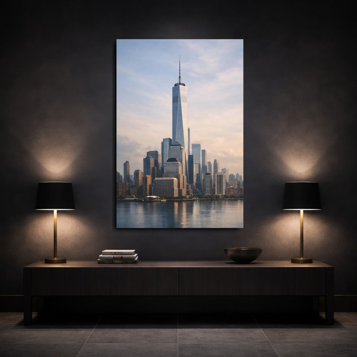 Mockup 2. Abstract City Skyline Urban Grey Blue shown as stretched canvas wall art