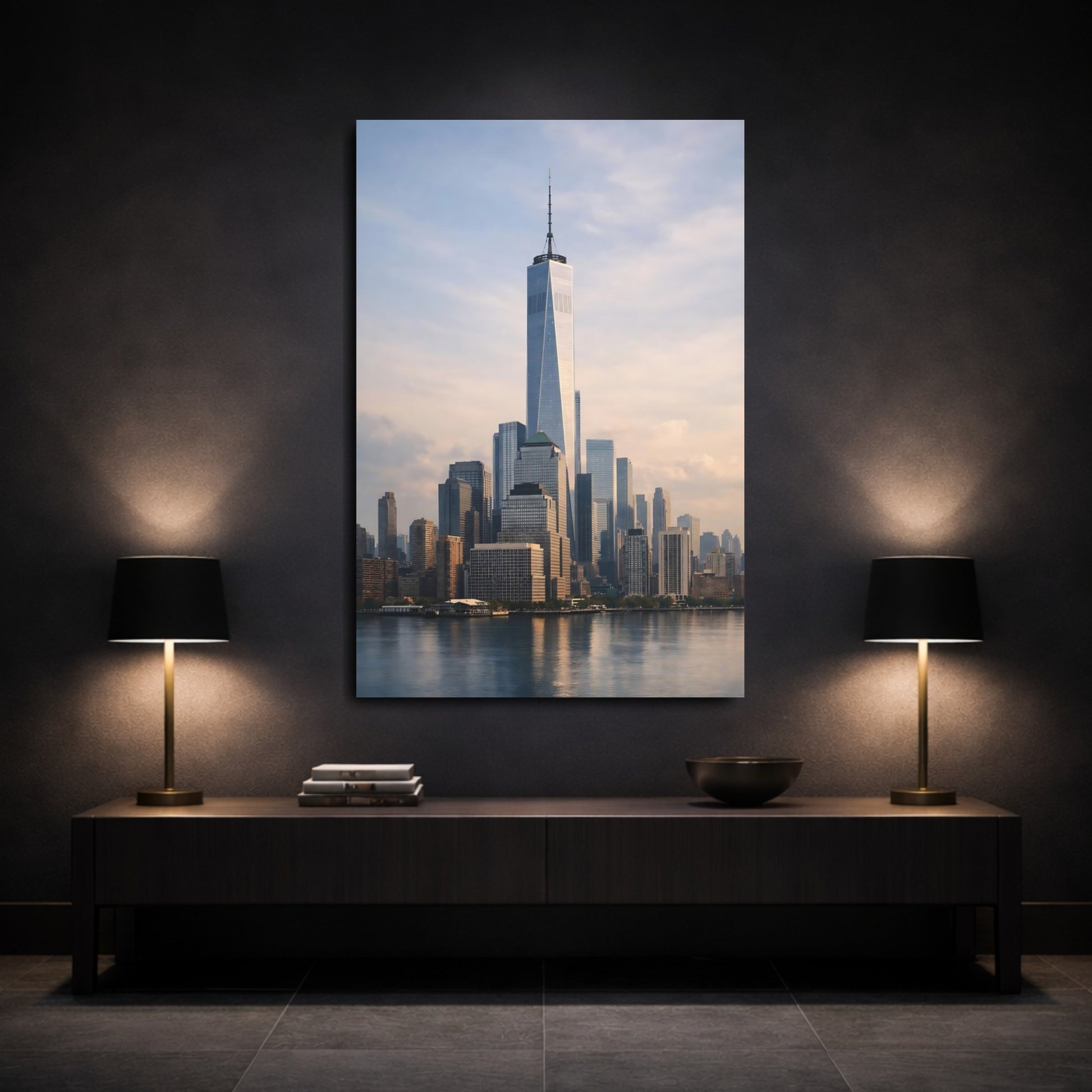 Mockup 2. Abstract City Skyline Urban Grey Blue shown as stretched canvas wall art