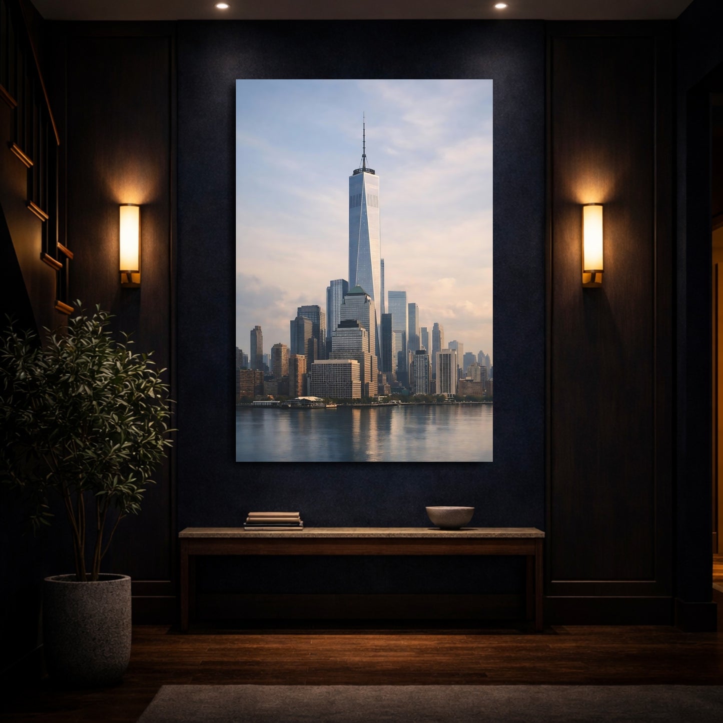 Mockup 3. Abstract City Skyline Urban Grey Blue shown as stretched canvas wall art