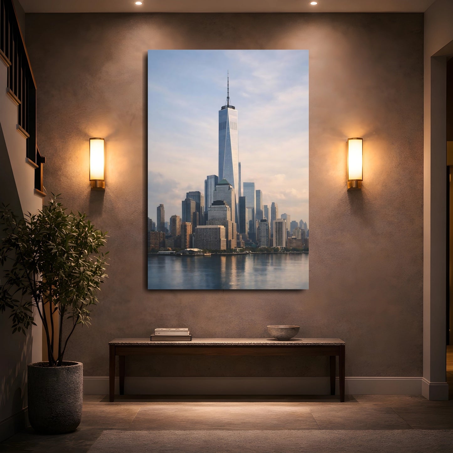 Mockup 4. Abstract City Skyline Urban Grey Blue shown as stretched canvas wall art