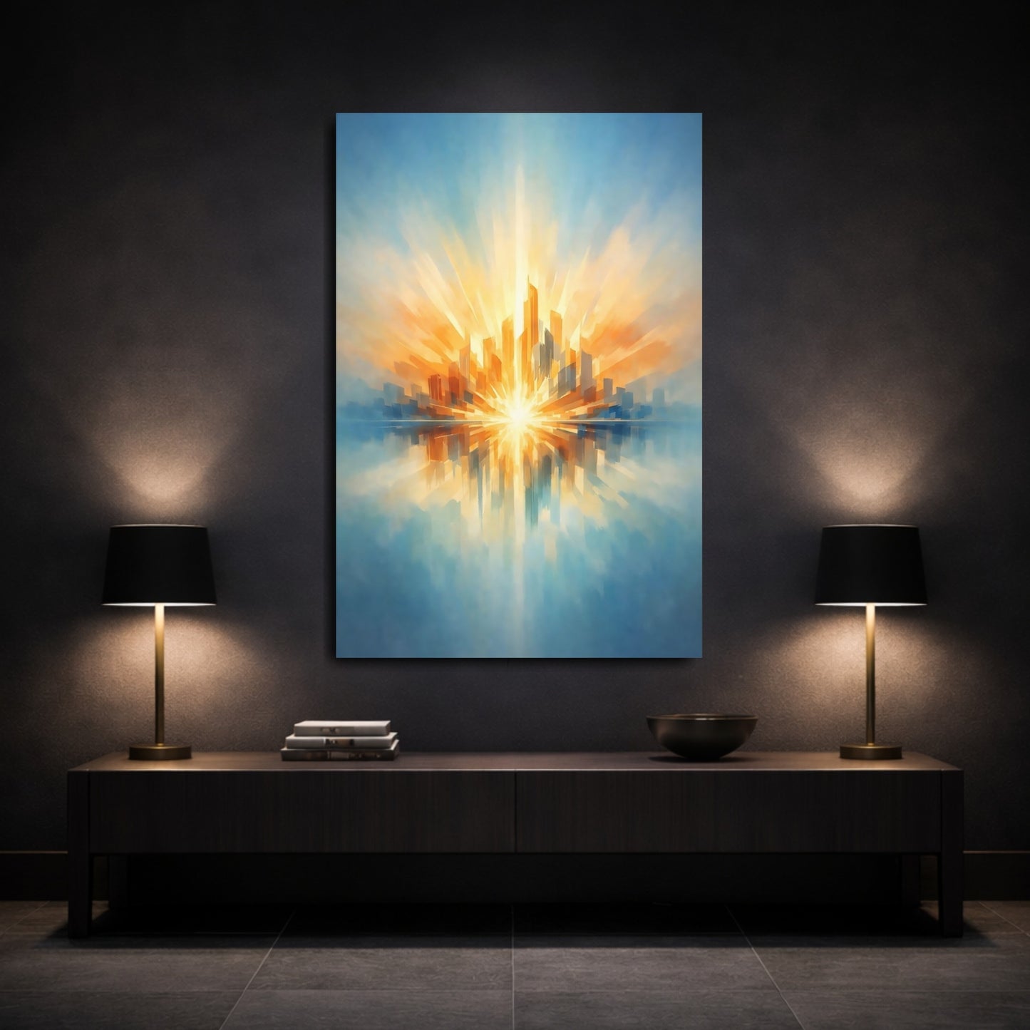 Mockup 2. Abstract Cityscape Abstract Cityscape shown as stretched canvas wall art
