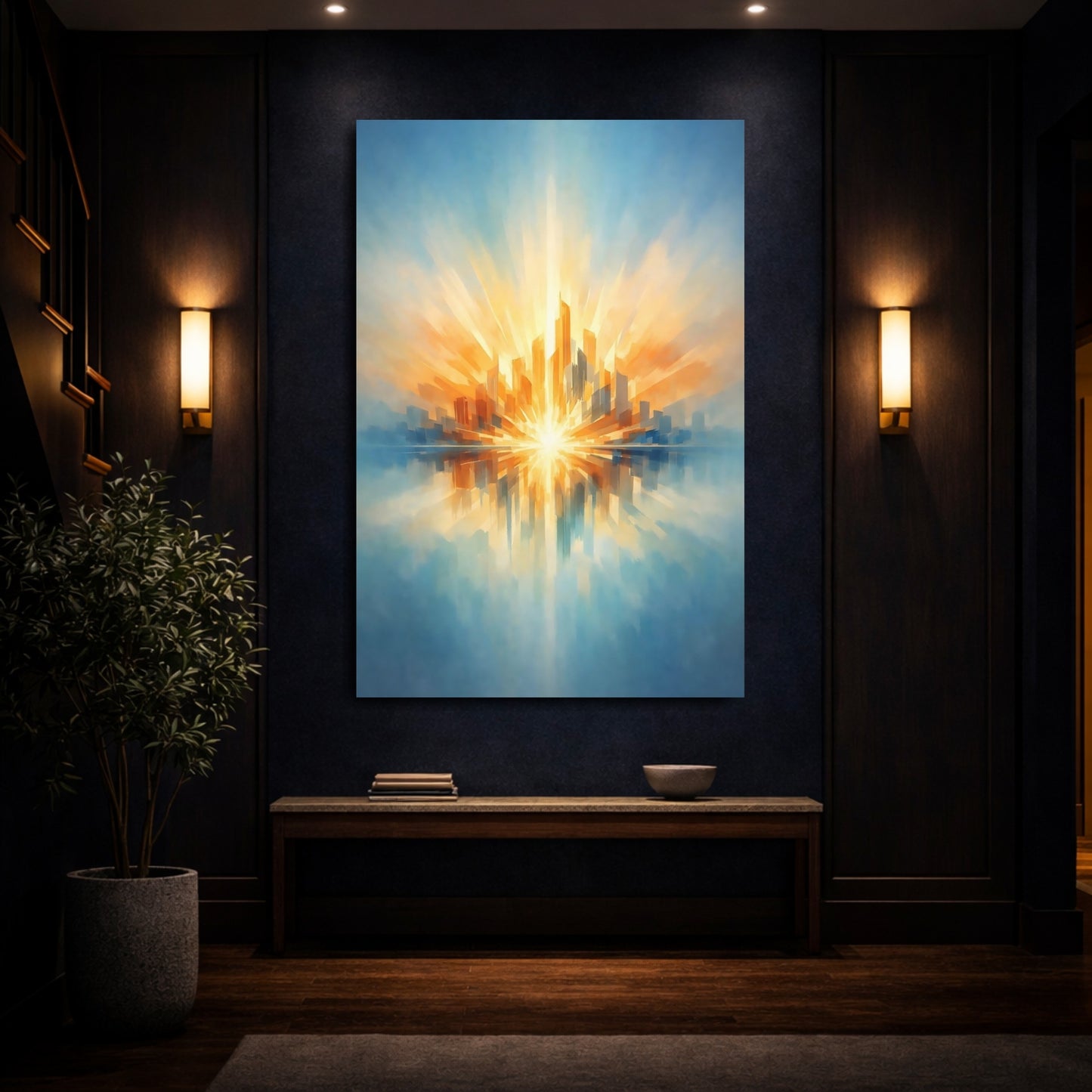 Mockup 3. Abstract Cityscape Abstract Cityscape shown as stretched canvas wall art