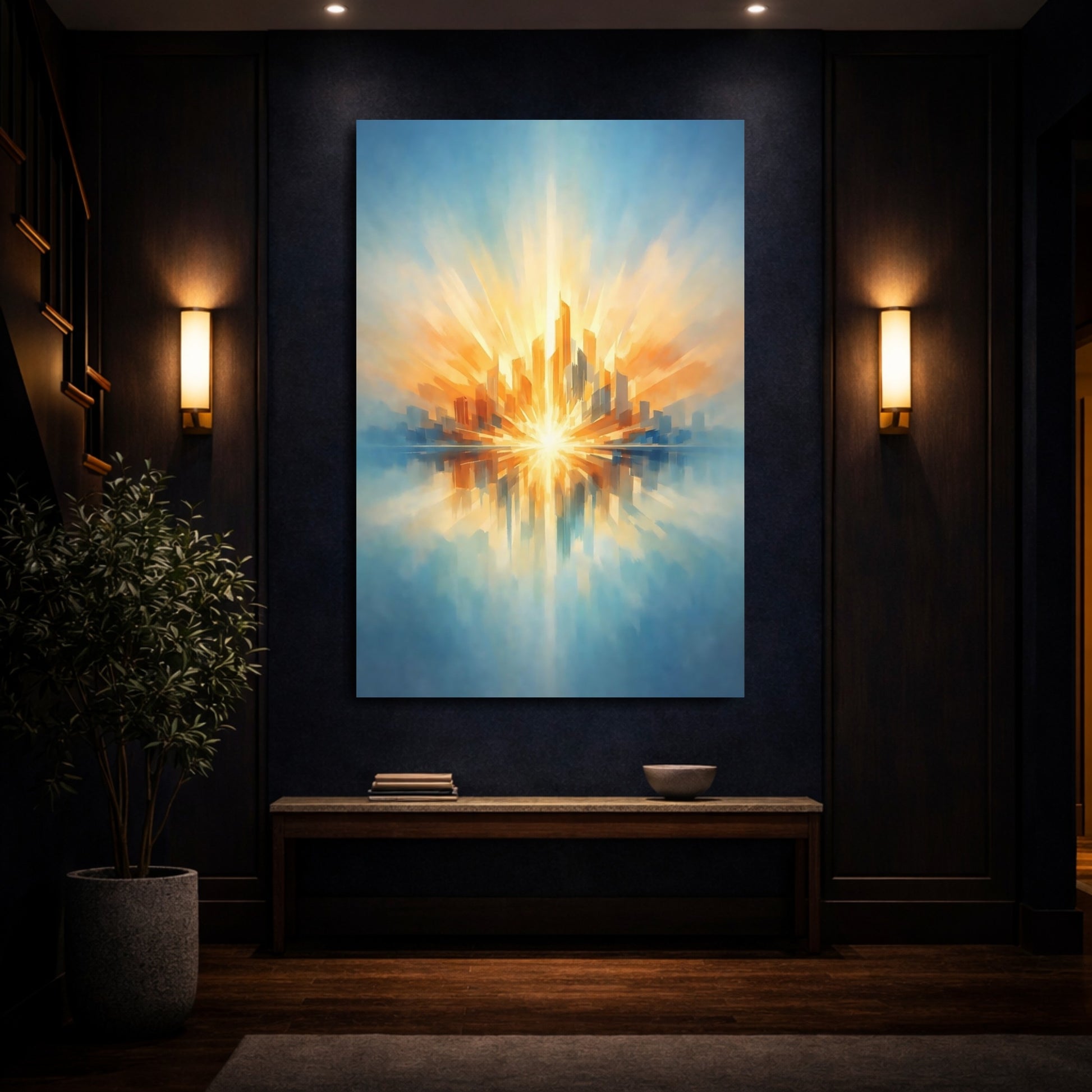 Mockup 3. Abstract Cityscape Abstract Cityscape shown as stretched canvas wall art