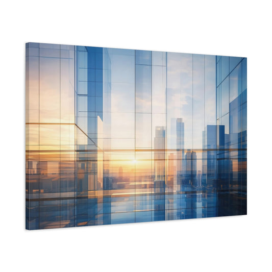Main Mockup. Abstract Cityscape Blue And Gold shown as stretched canvas wall art