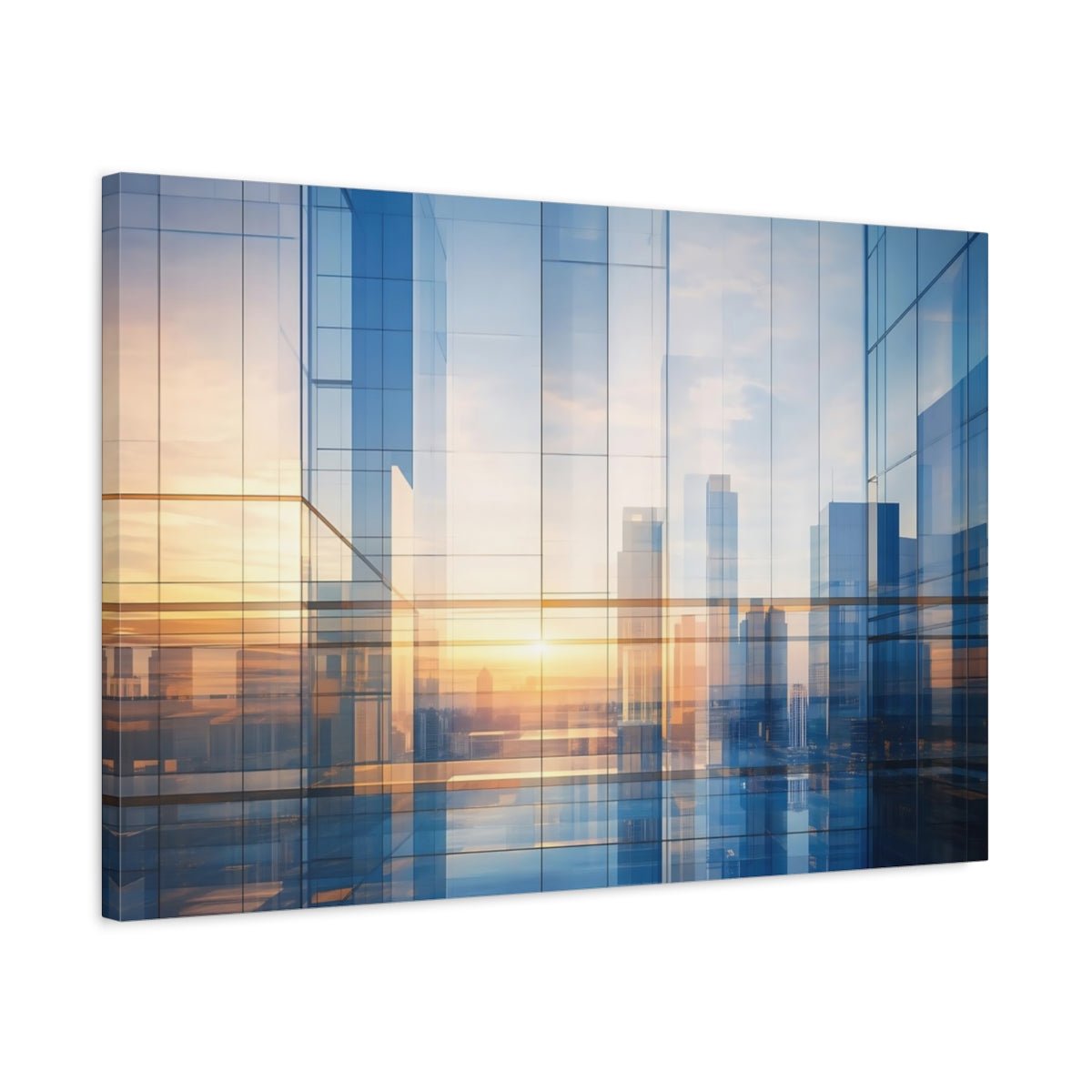 Side Mockup 2. Abstract Cityscape Blue And Gold shown as stretched canvas wall art