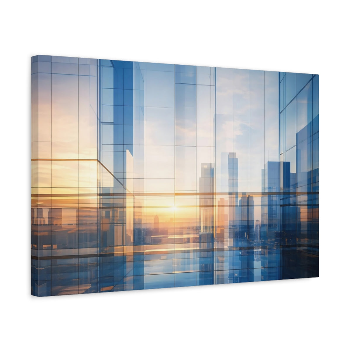 Side Mockup 3. Abstract Cityscape Blue And Gold shown as stretched canvas wall art