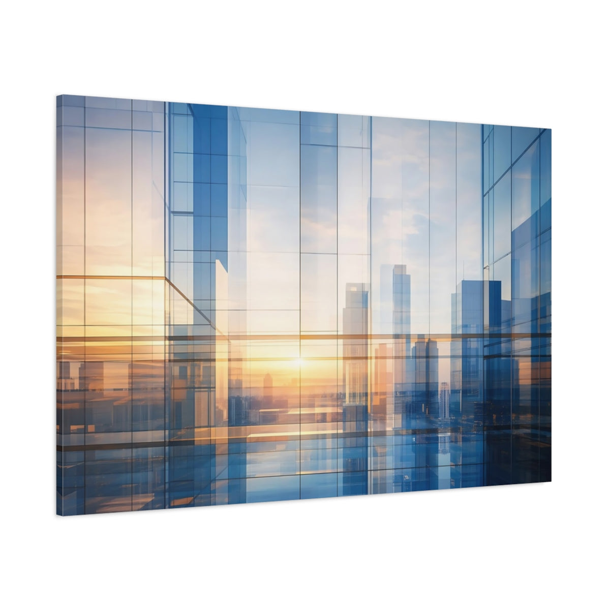 Side Mockup 1. Abstract Cityscape Blue And Gold shown as stretched canvas wall art