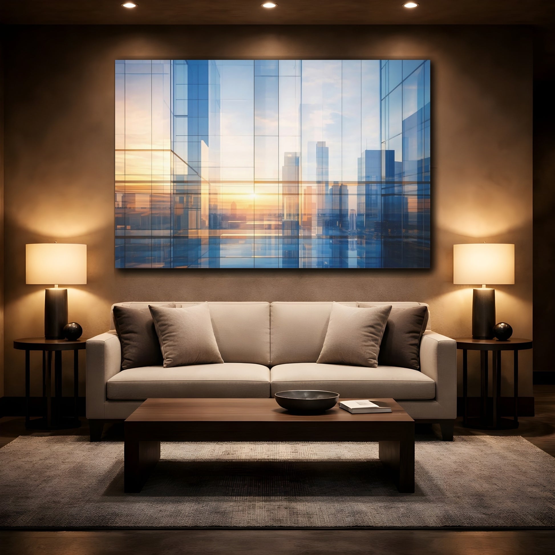 Mockup 2. Abstract Cityscape Blue And Gold shown as stretched canvas wall art