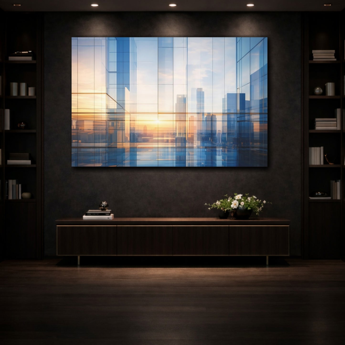 Mockup 3. Abstract Cityscape Blue And Gold shown as stretched canvas wall art