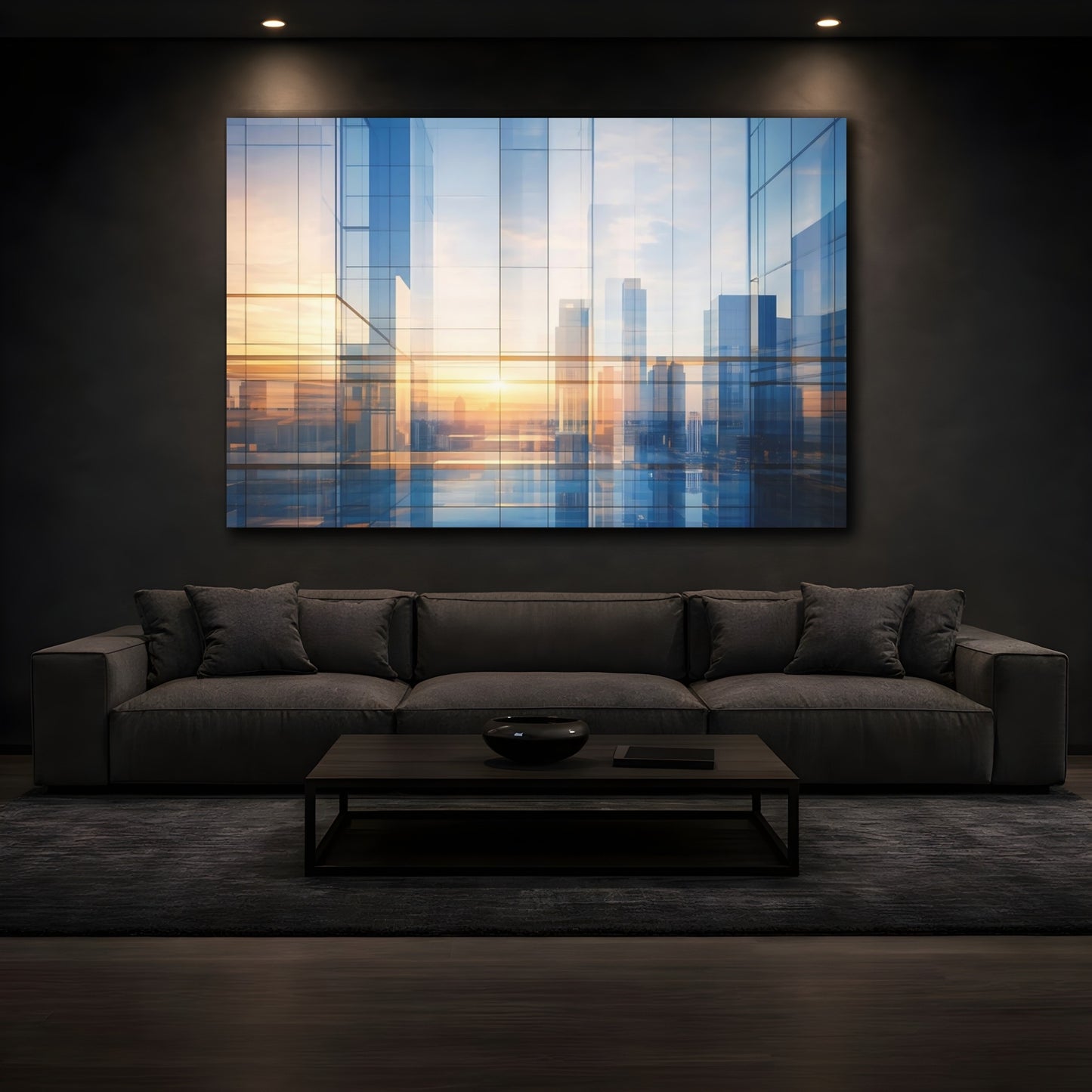 Mockup 4. Abstract Cityscape Blue And Gold shown as stretched canvas wall art