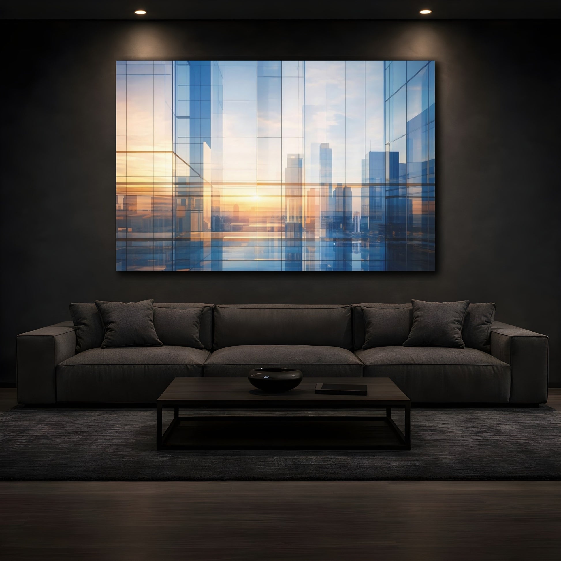 Mockup 4. Abstract Cityscape Blue And Gold shown as stretched canvas wall art