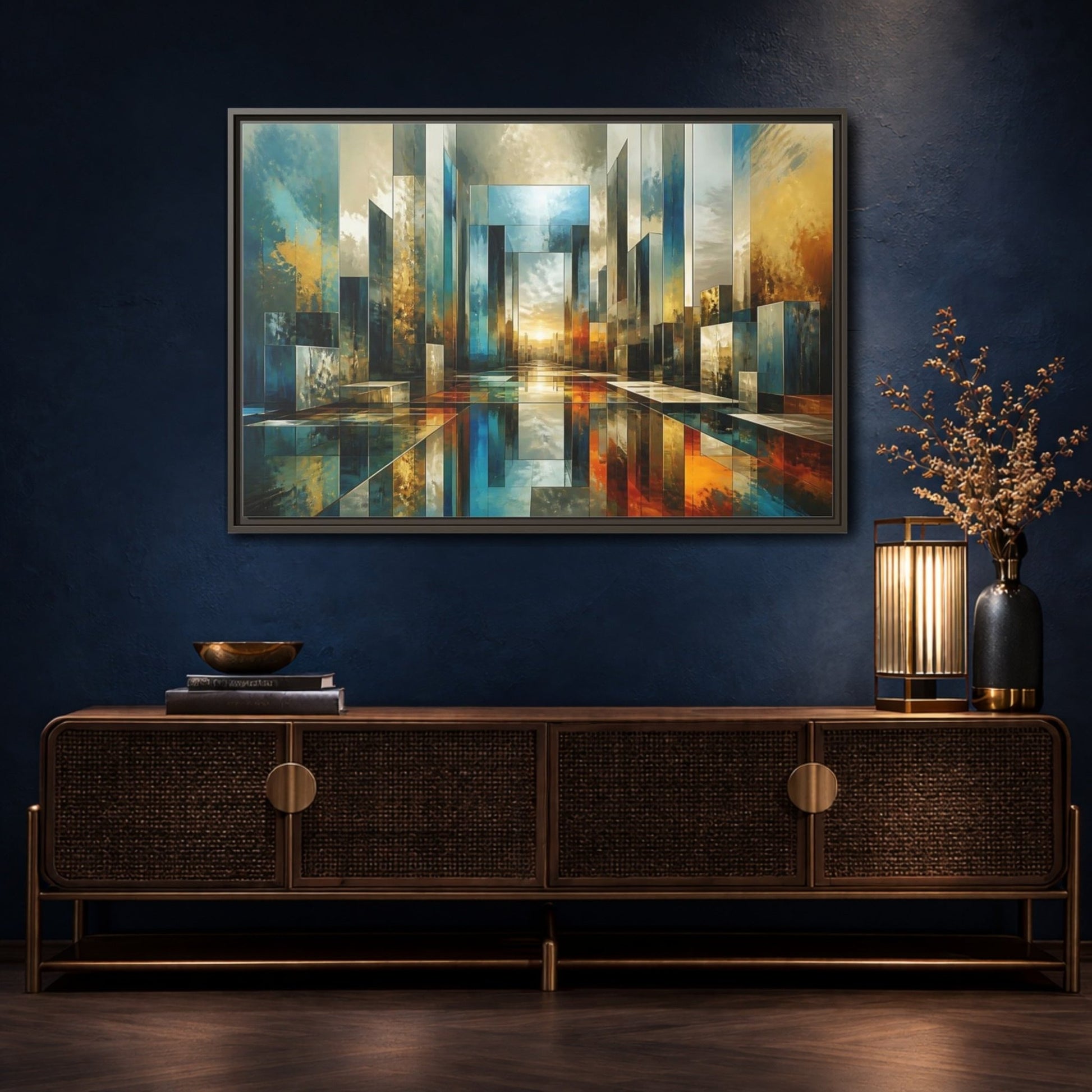 Abstract Cityscape Blue Gold Framed Canvas Print – Modern Decor for Living Room, Above Fireplace - YesArtYes