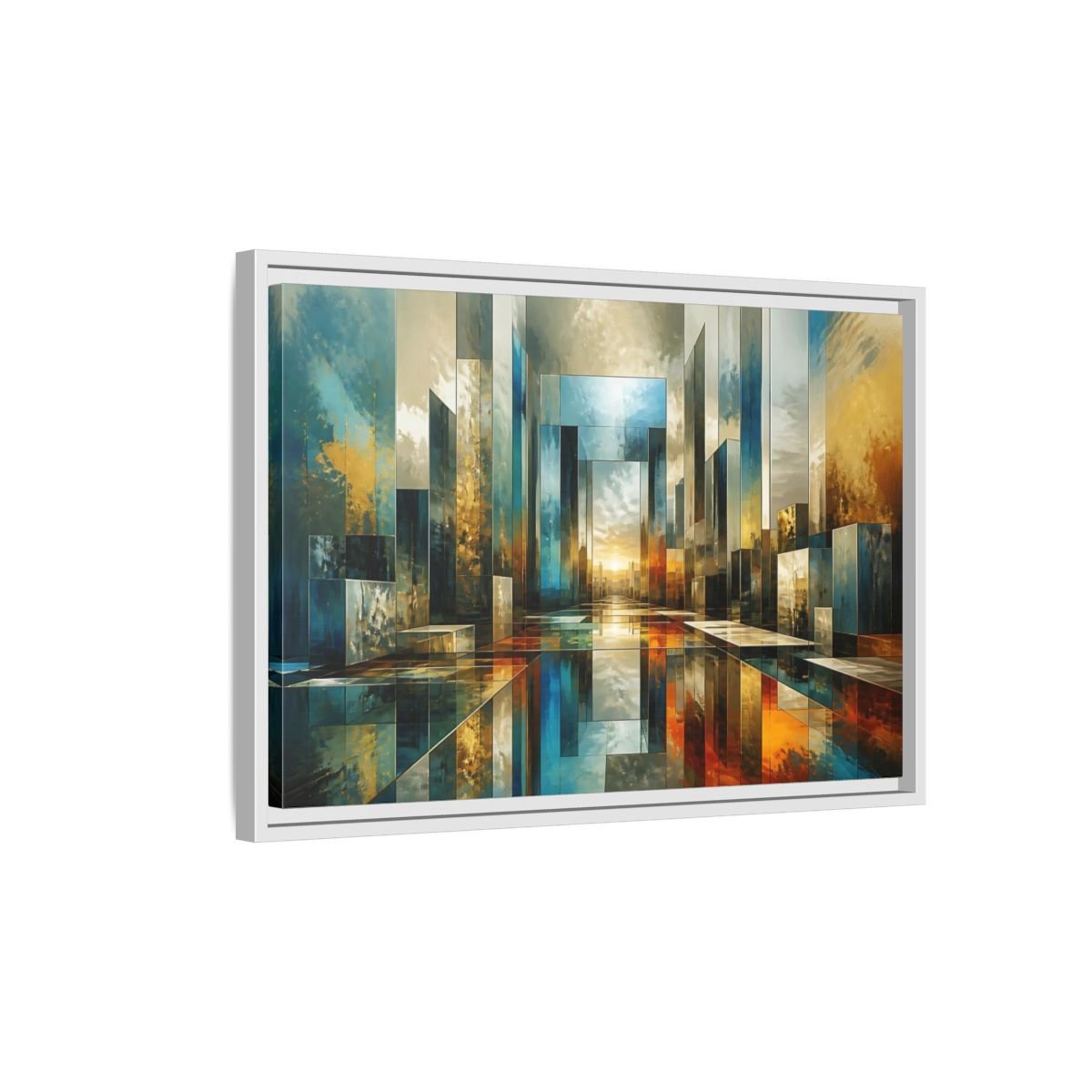 Abstract Cityscape Blue Gold Framed Canvas Print – Modern Decor for Living Room, Above Fireplace - YesArtYes