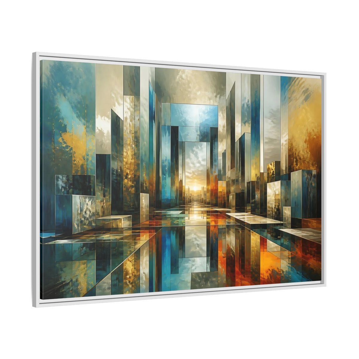 Abstract Cityscape Blue Gold Framed Canvas Print – Modern Decor for Living Room, Above Fireplace - YesArtYes