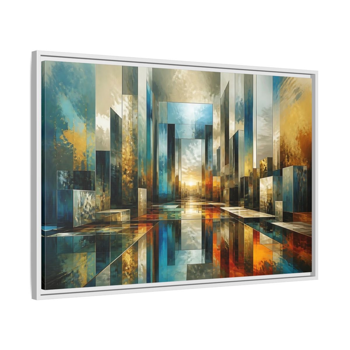 Abstract Cityscape Blue Gold Framed Canvas Print – Modern Decor for Living Room, Above Fireplace - YesArtYes