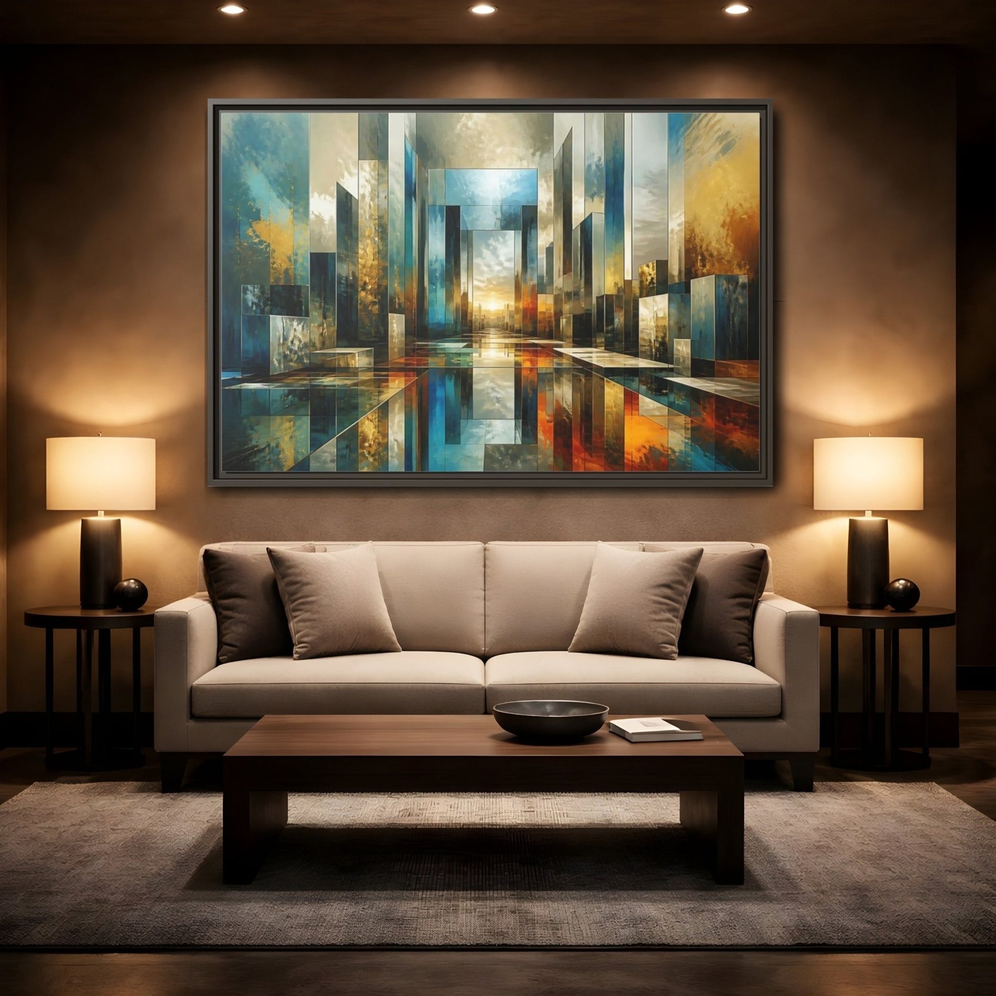 Abstract Cityscape Blue Gold Framed Canvas Print – Modern Decor for Living Room, Above Fireplace - YesArtYes